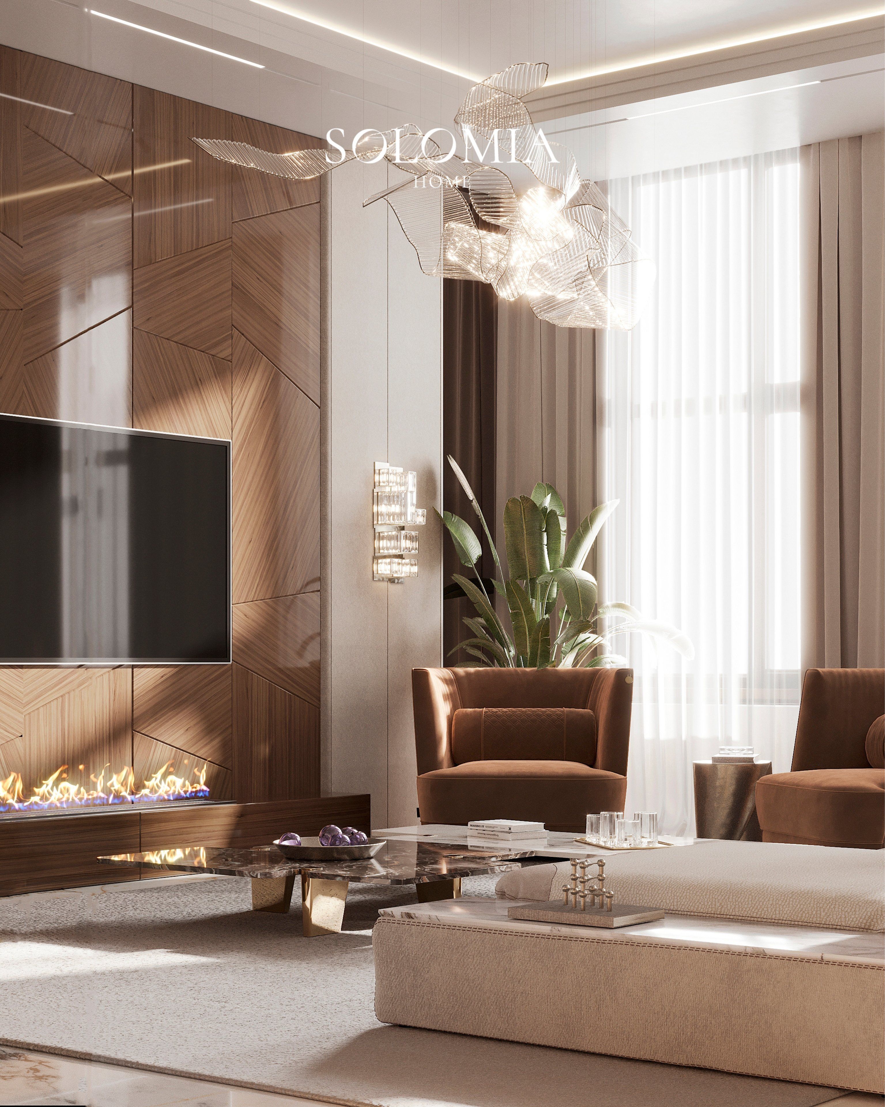 Living room with fireplace and rust armchair, Leedon Residence Singapore — luxury interior design Singapore