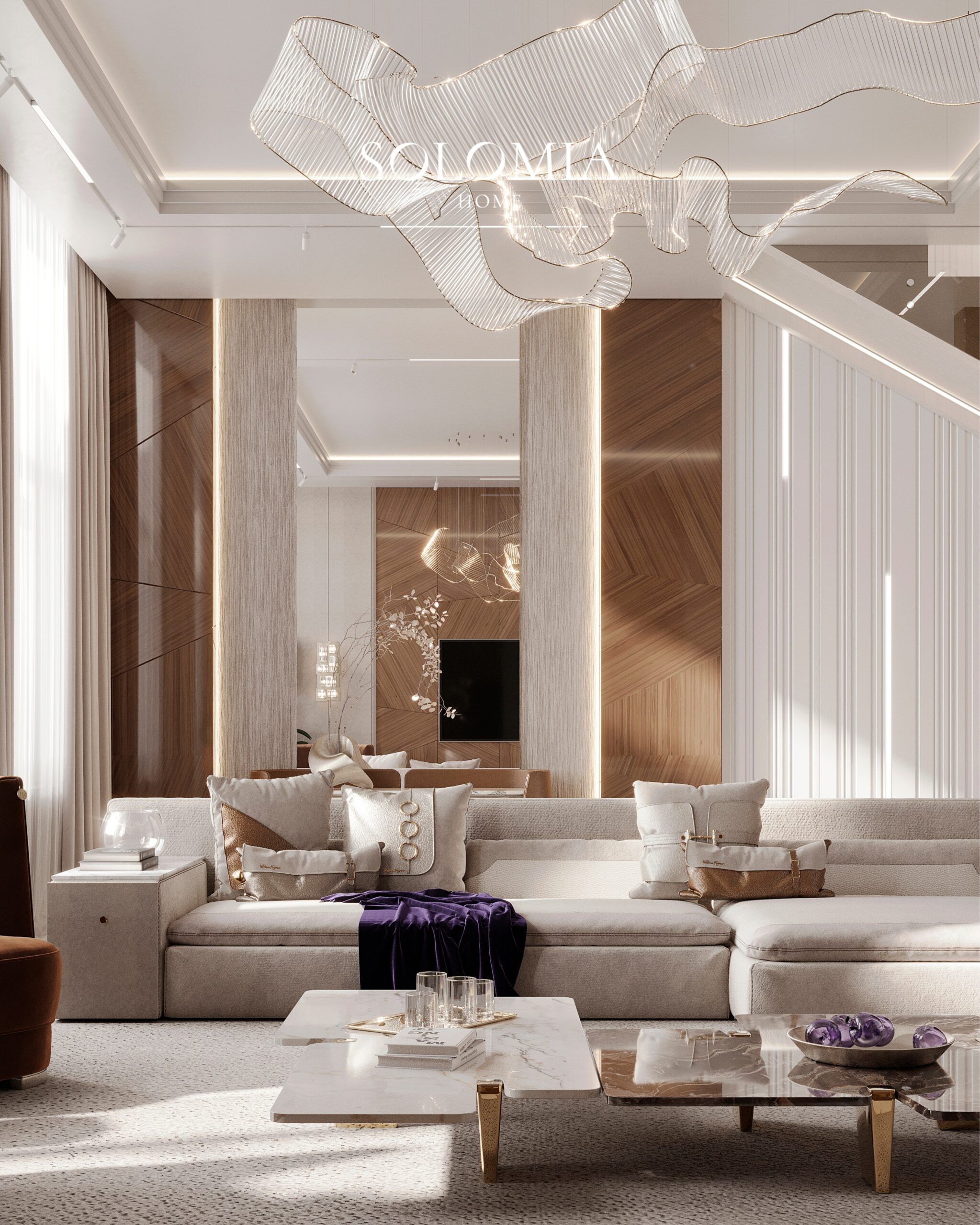 Lounge with sculptural ceiling light, Leedon Residence Singapore — luxury interior design Singapore