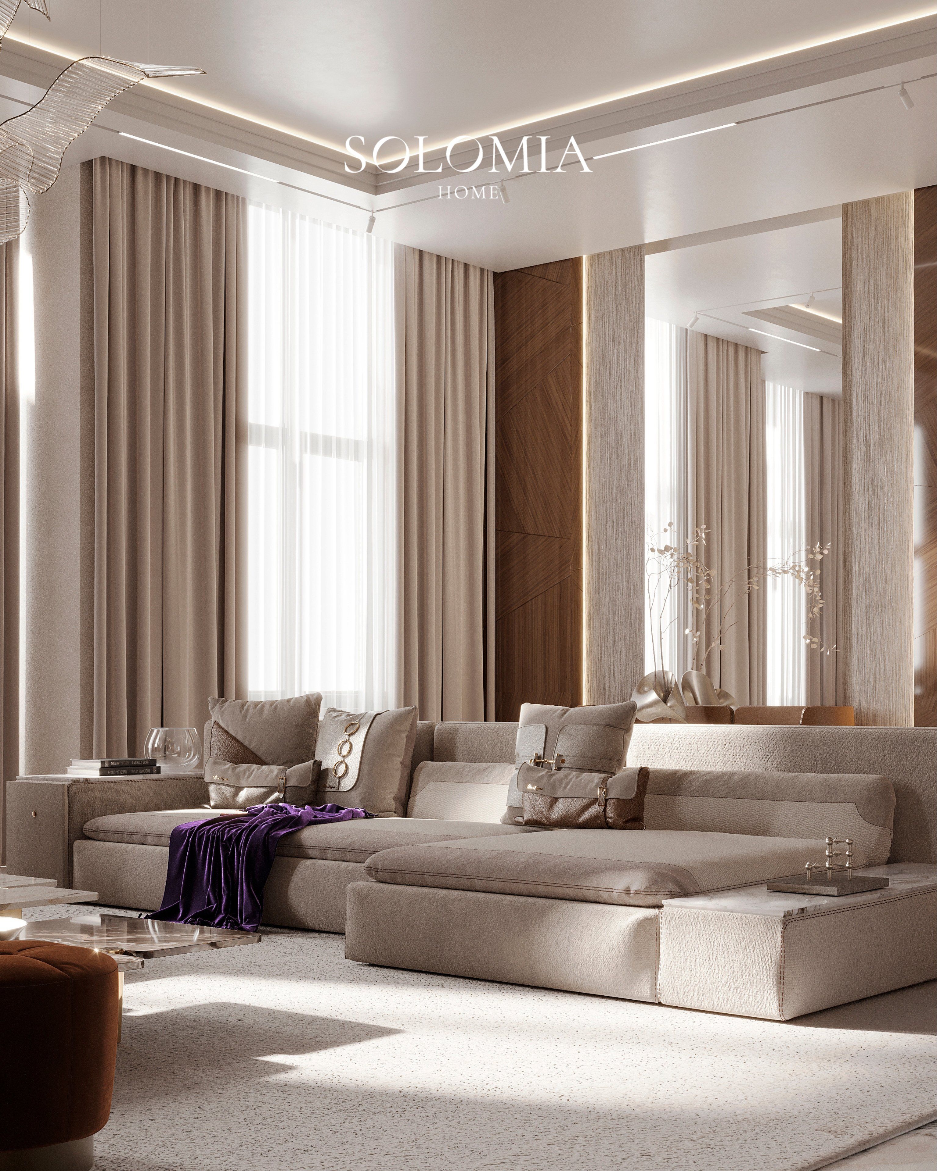 Beige sectional sofa with purple throw, Leedon Residence Singapore — luxury interior design Singapore