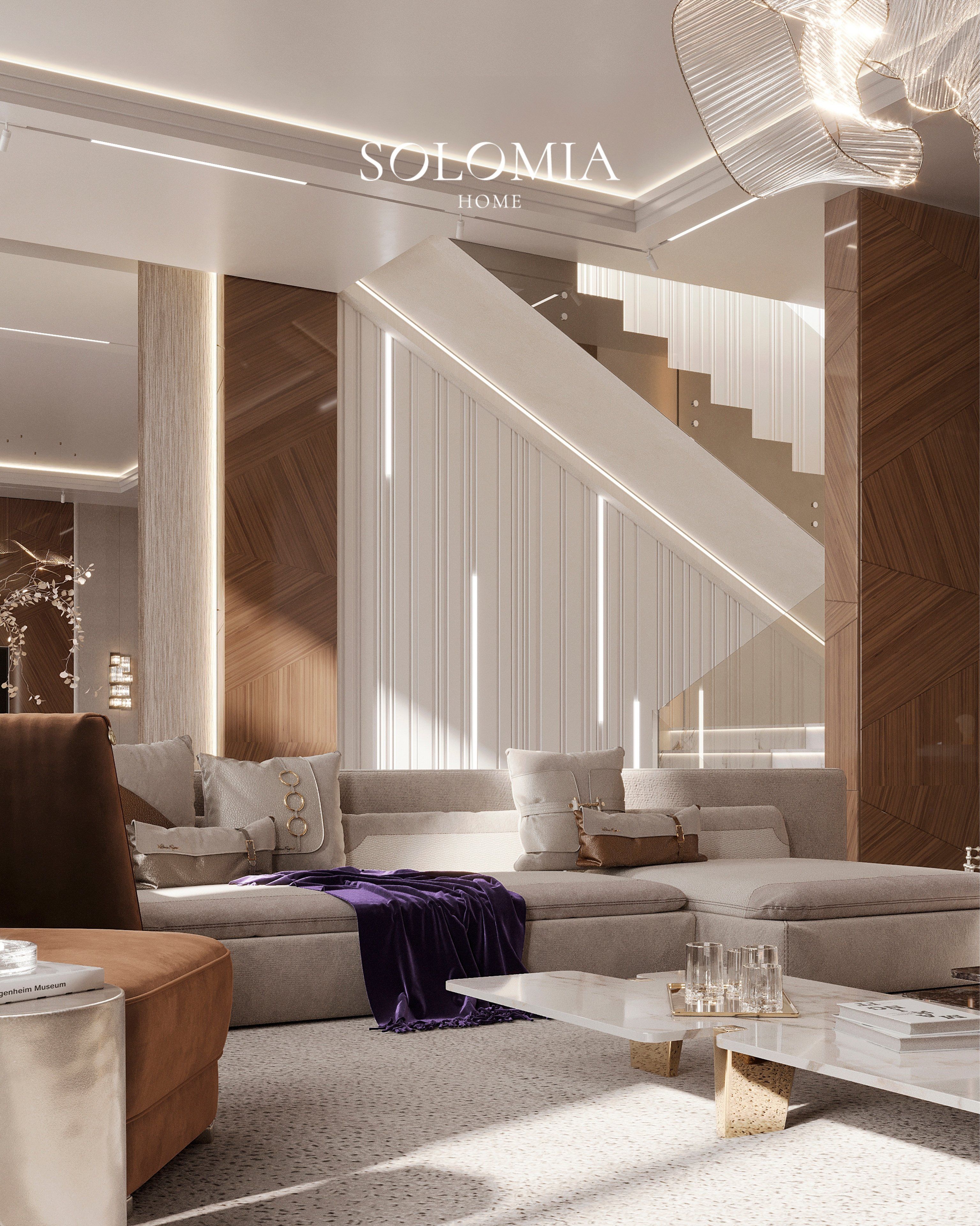 Lounge with staircase and velvet armchair, Leedon Residence Singapore — luxury interior design Singapore