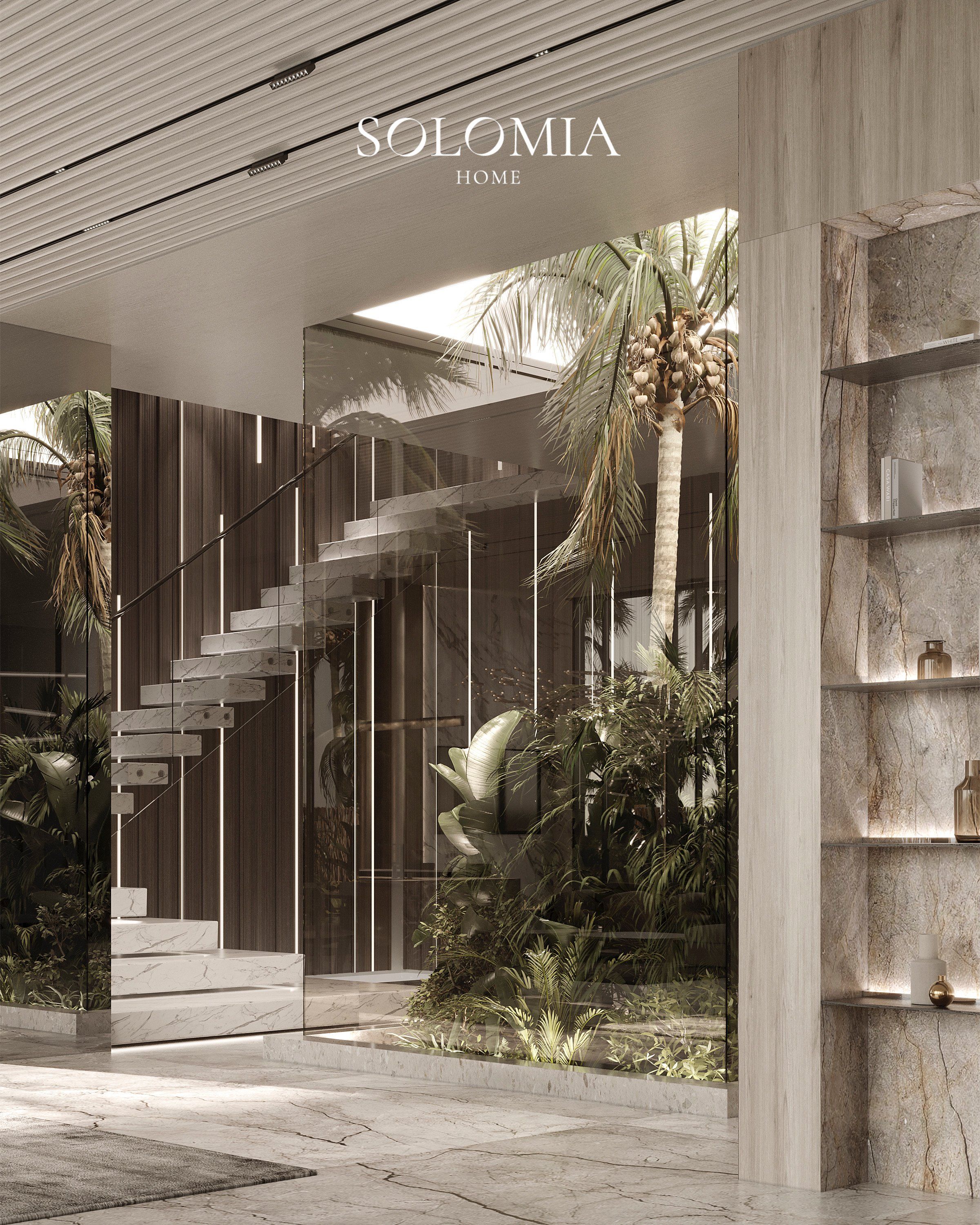 Hall with mirrored staircase and palms, Sobha Reserve Villa Dubai — luxury interior design Dubai