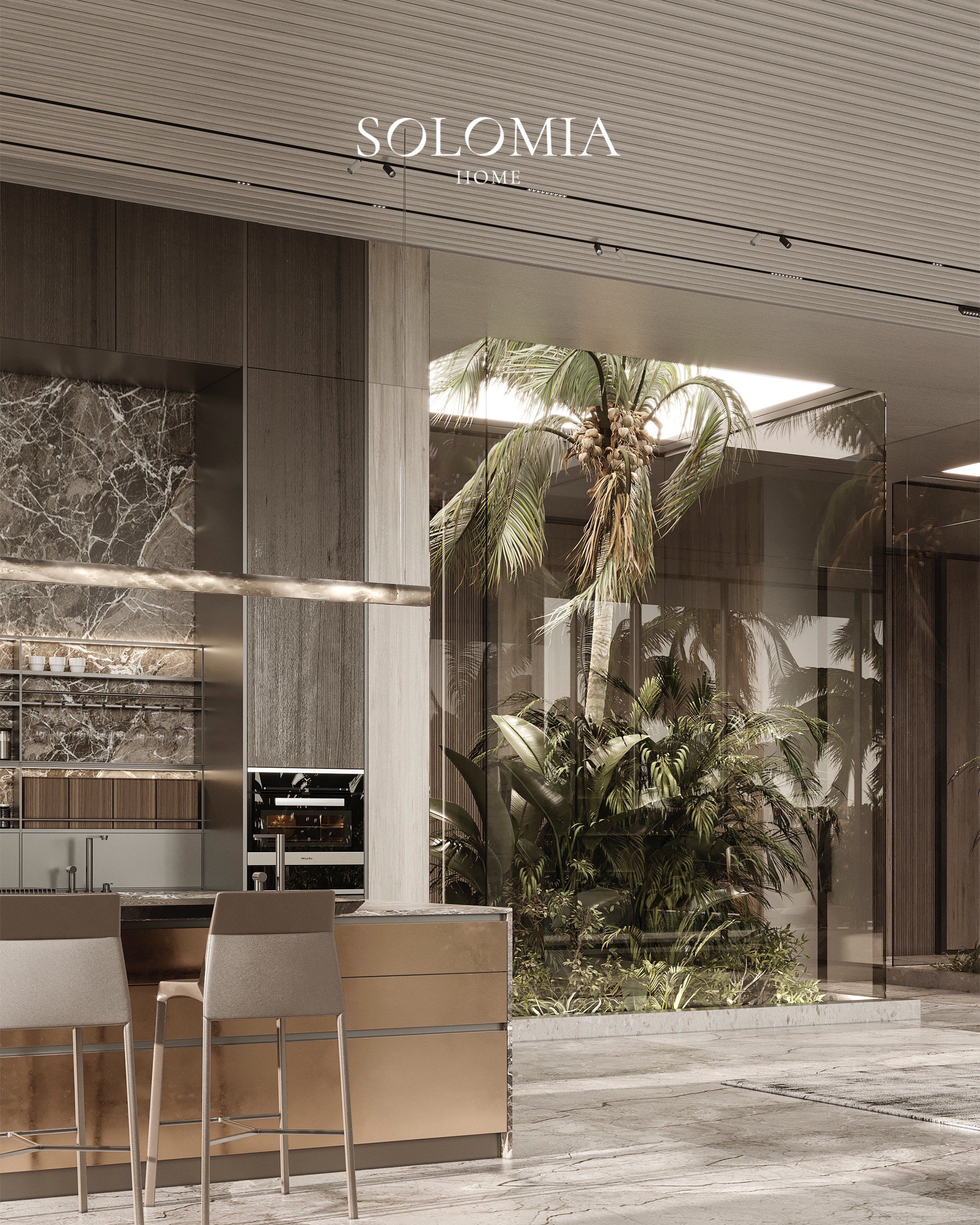 Kitchen with bronze island and garden view, Sobha Reserve Villa Dubai — luxury interior design Dubai