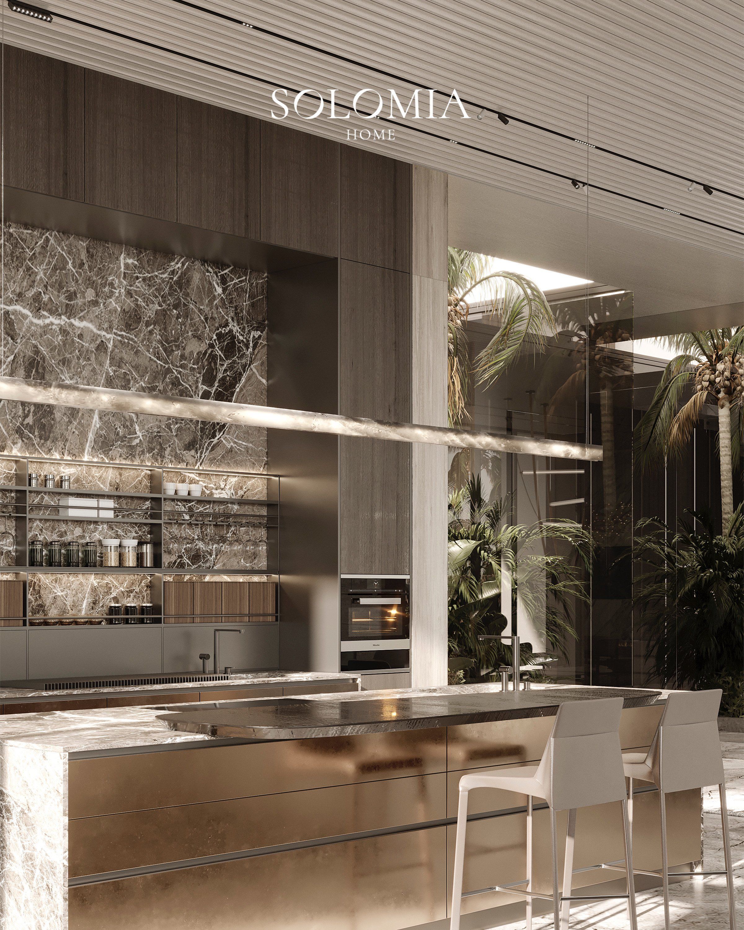 Kitchen with marble backsplash and bronze island, Sobha Reserve Villa Dubai — luxury interior design Dubai