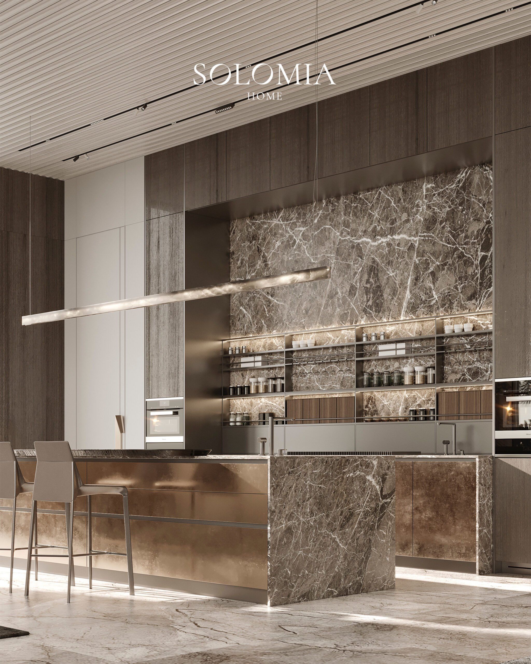 Kitchen with lit shelving and bronze island, Sobha Reserve Villa Dubai — luxury interior design Dubai