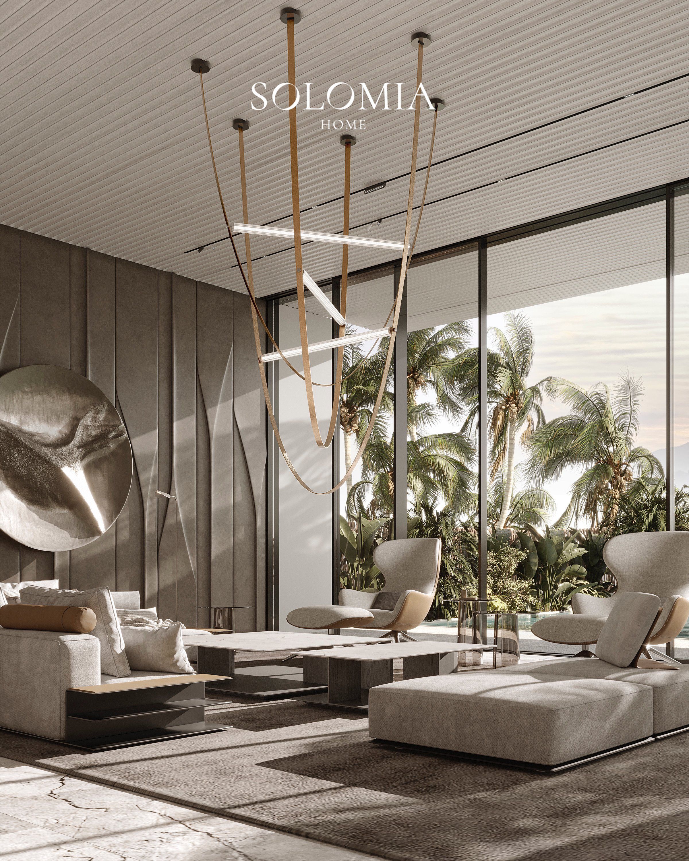Living room with pendant lights and palm view, Sobha Reserve Villa Dubai — luxury interior design Dubai