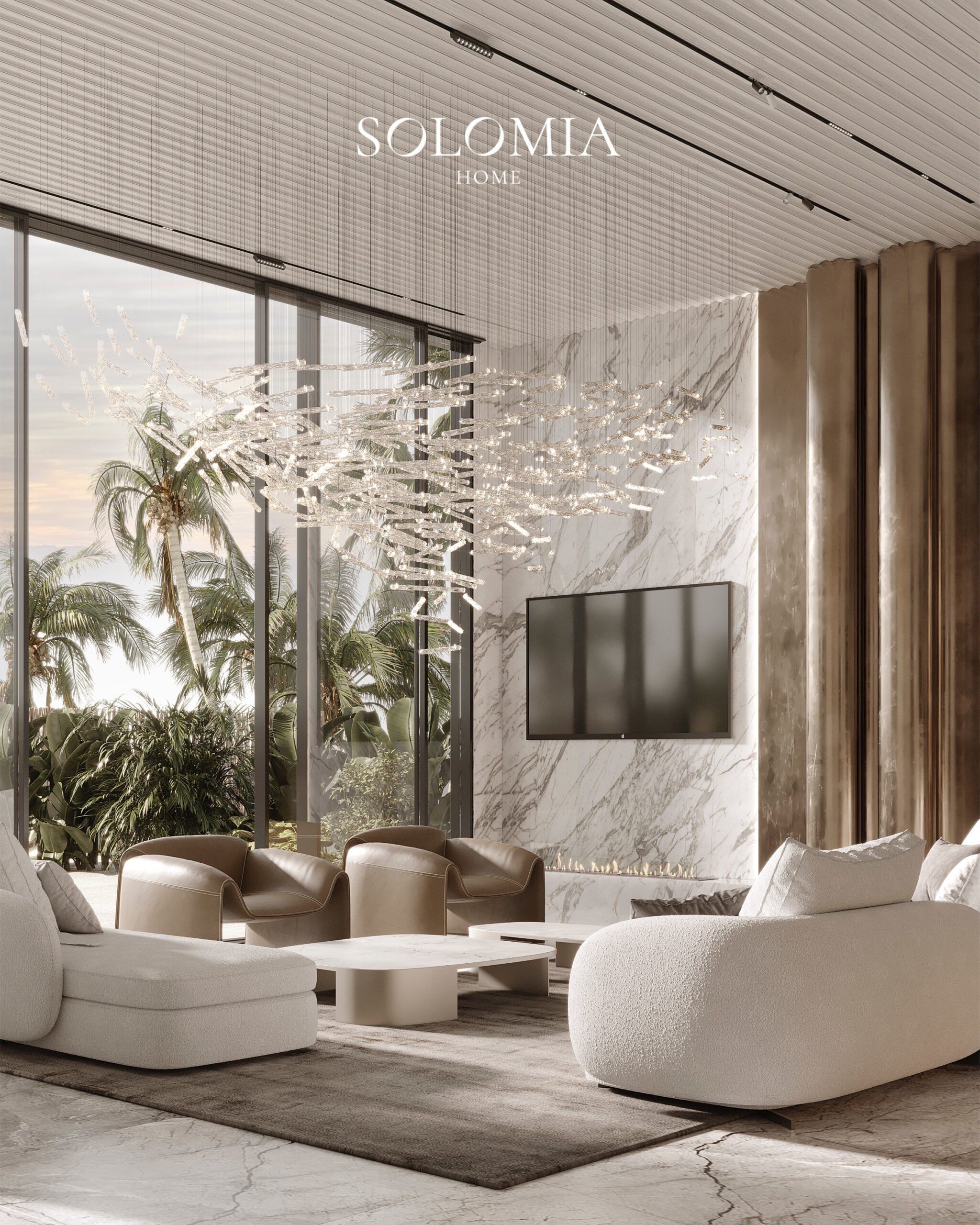 Living room with crystal chandelier and marble wall, Sobha Reserve Villa Dubai — luxury interior design Dubai