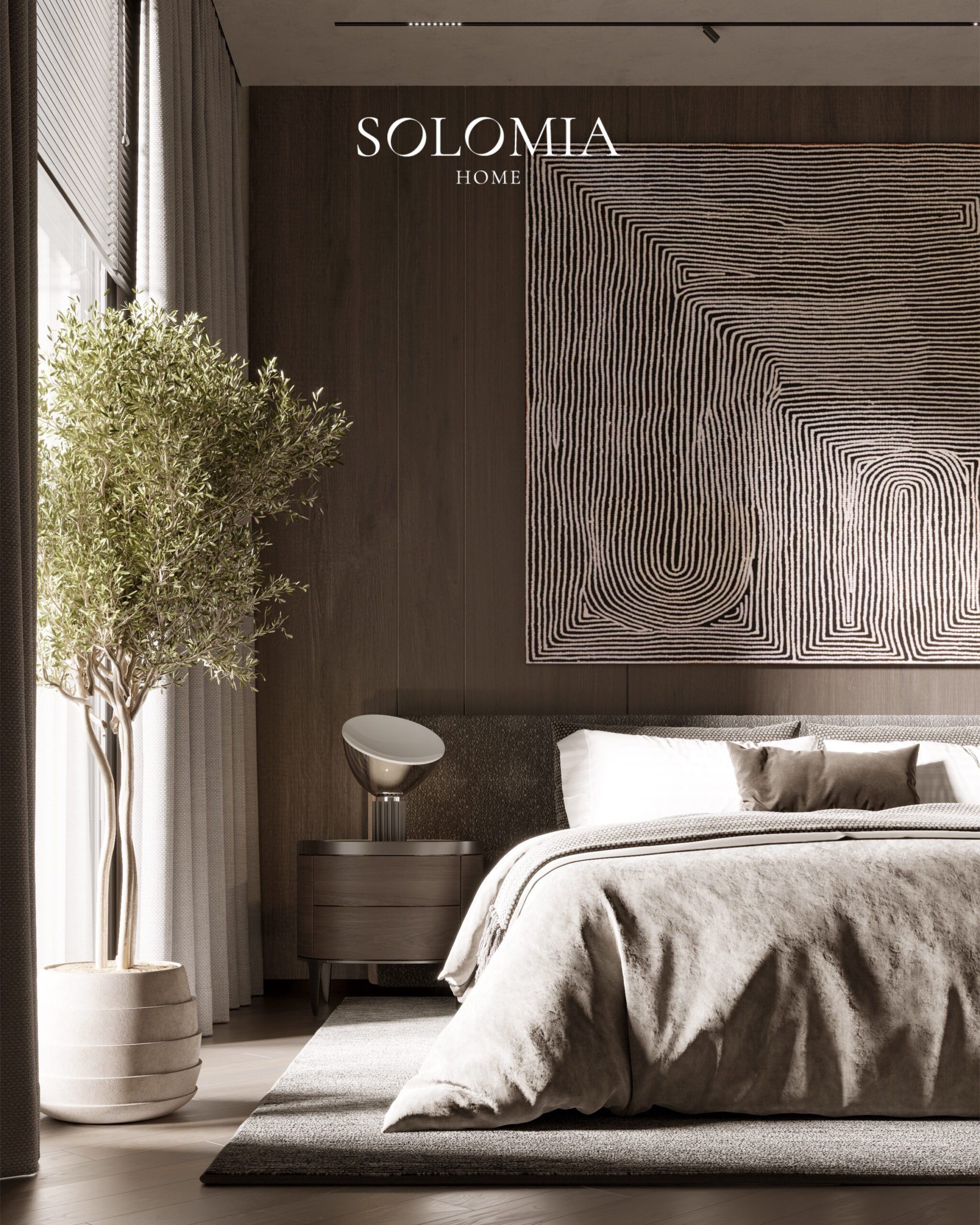 Bedroom with olive tree and textured artwork, Villa Villefranche Sur Mer — luxury interior design Villefranche-sur-Mer