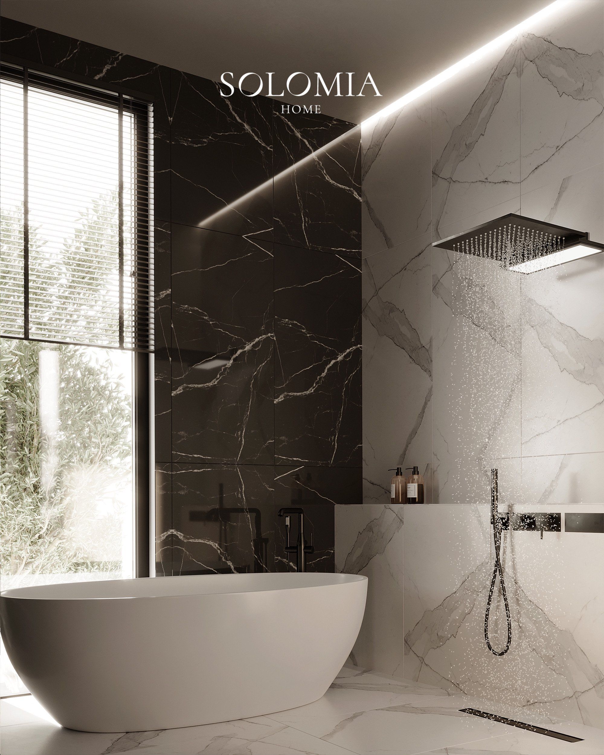Bathroom with freestanding bathtub and black marble, Villa Villefranche Sur Mer — luxury interior design Villefranche-sur-Mer
