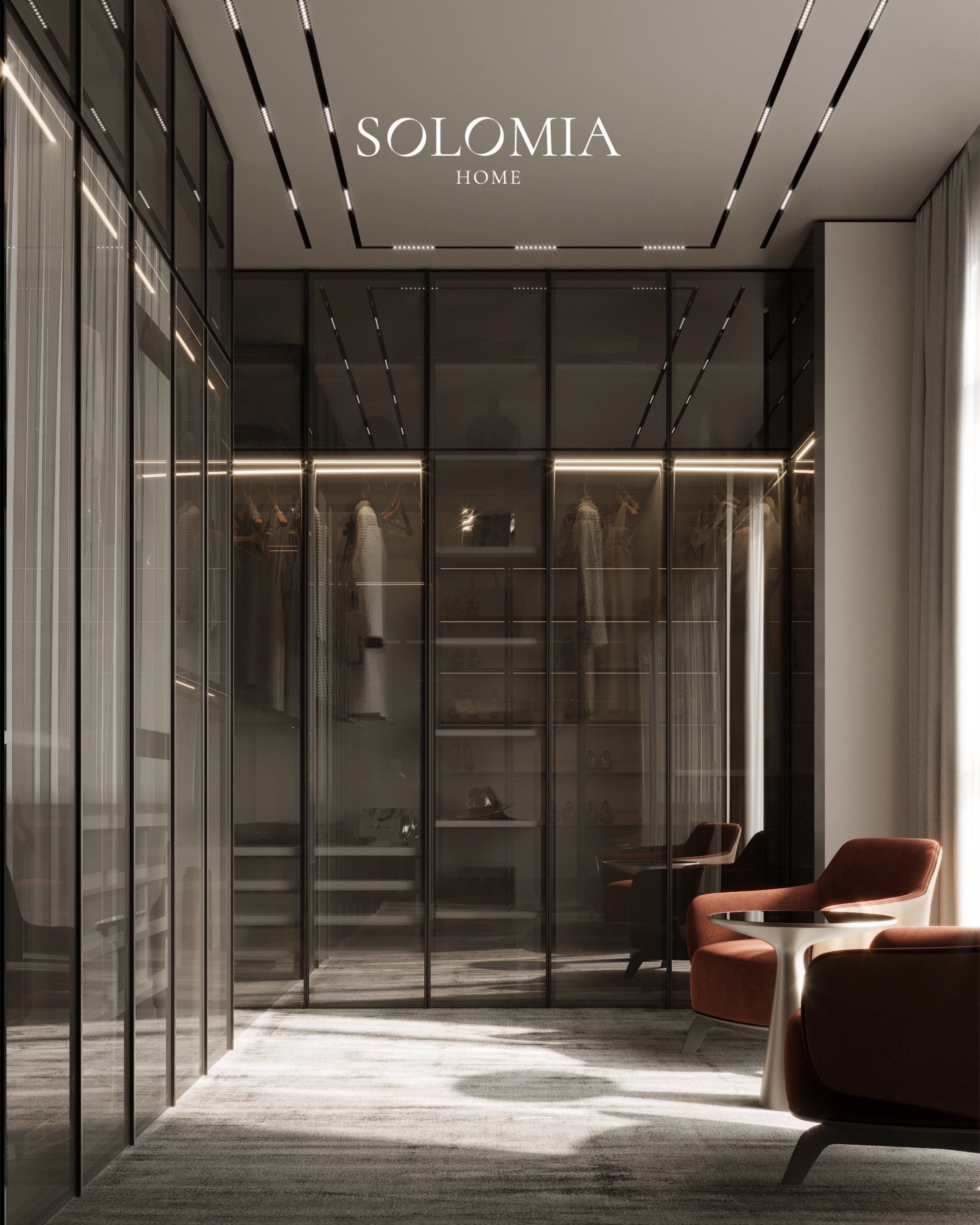 Glass wardrobe with armchair, Villa Villefranche Sur Mer — luxury interior design Villefranche-sur-Mer