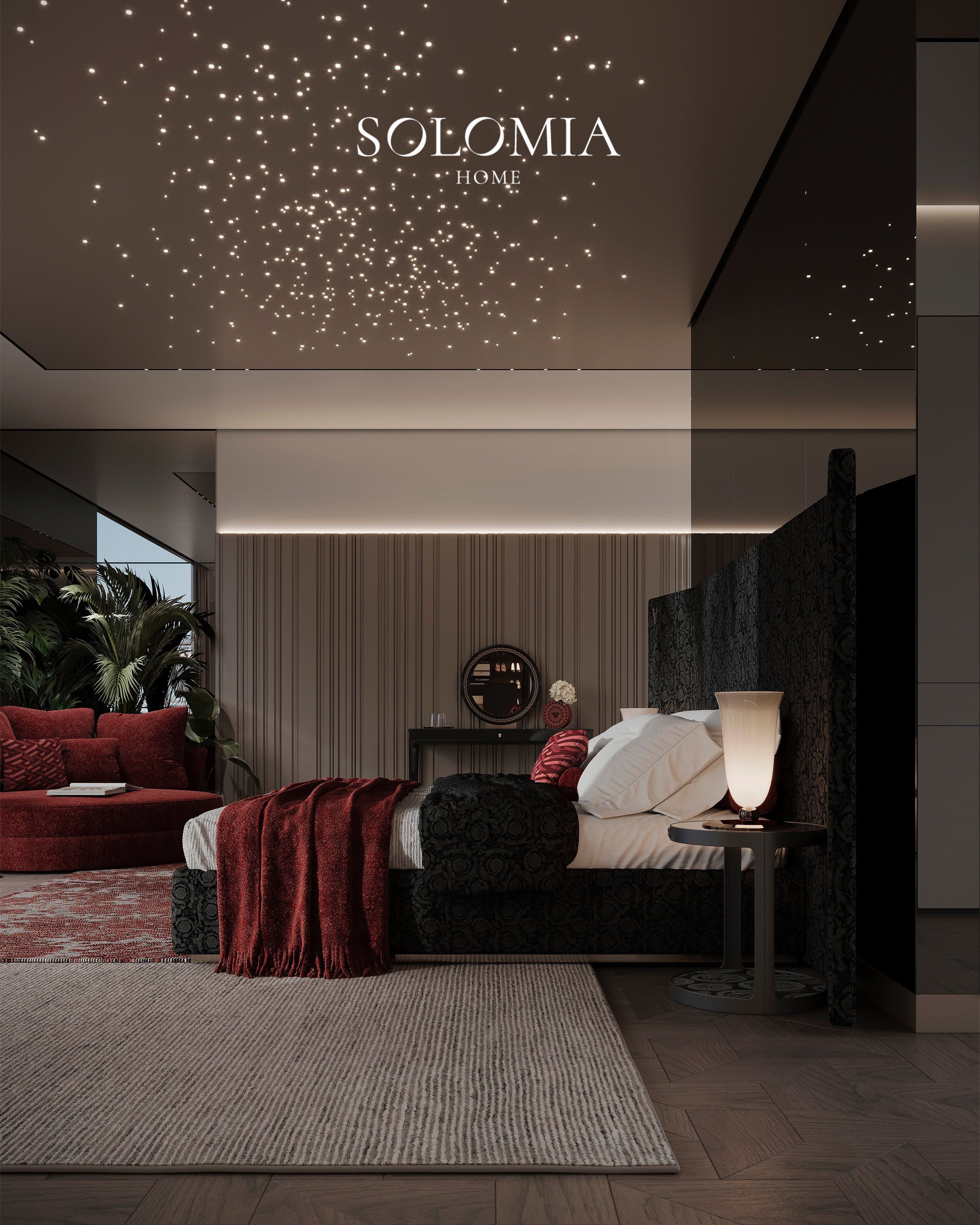 Bedroom with starry ceiling and red sofa, Villa Dubai Hills — luxury interior design Dubai