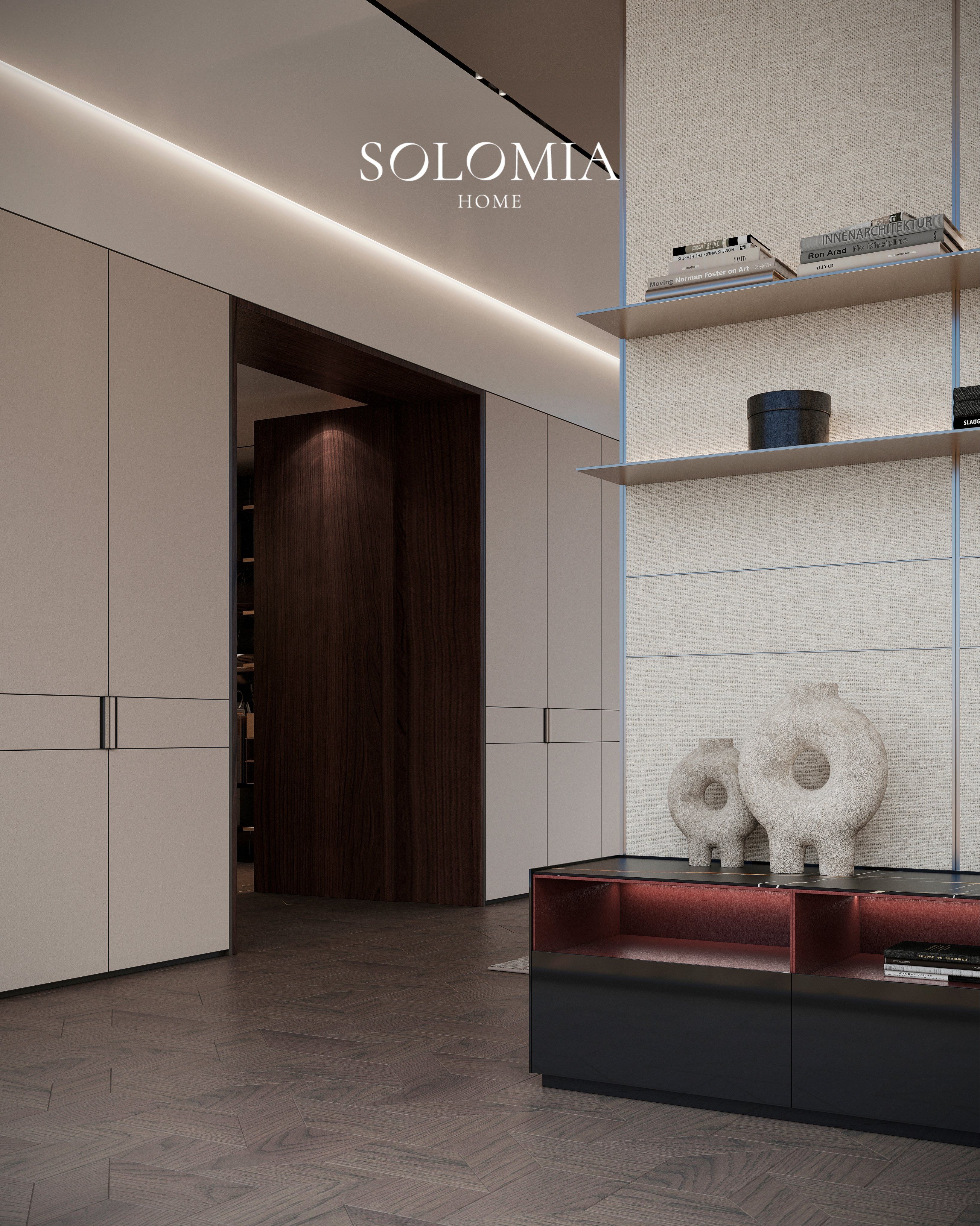 Bedroom shelving with sculptures, Villa Dubai Hills — luxury interior design Dubai