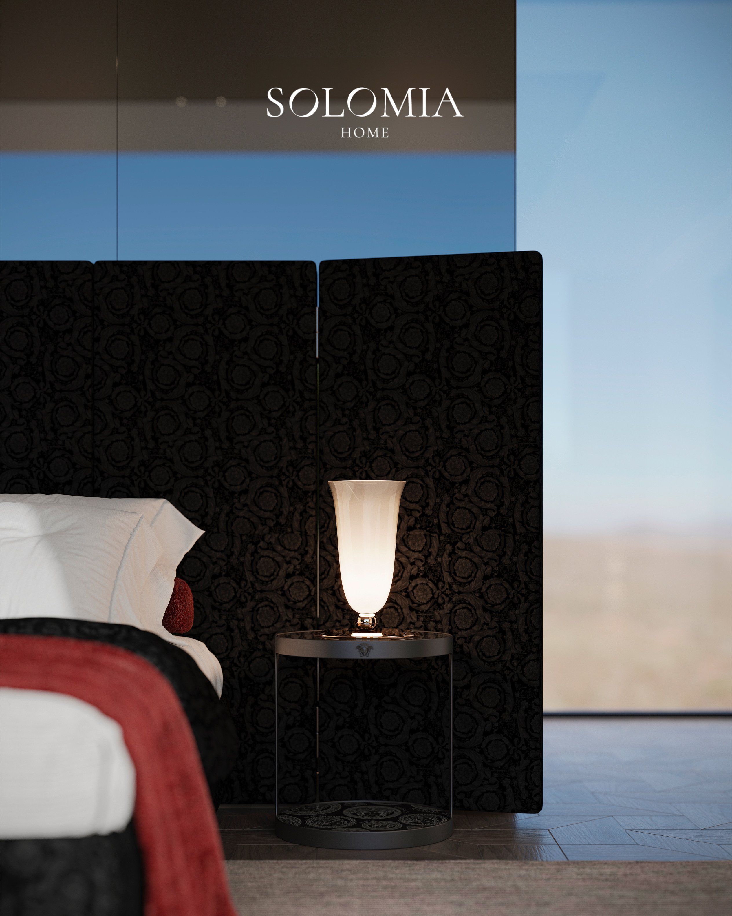 Bedside lamp with black screen, Villa Dubai Hills — luxury interior design Dubai