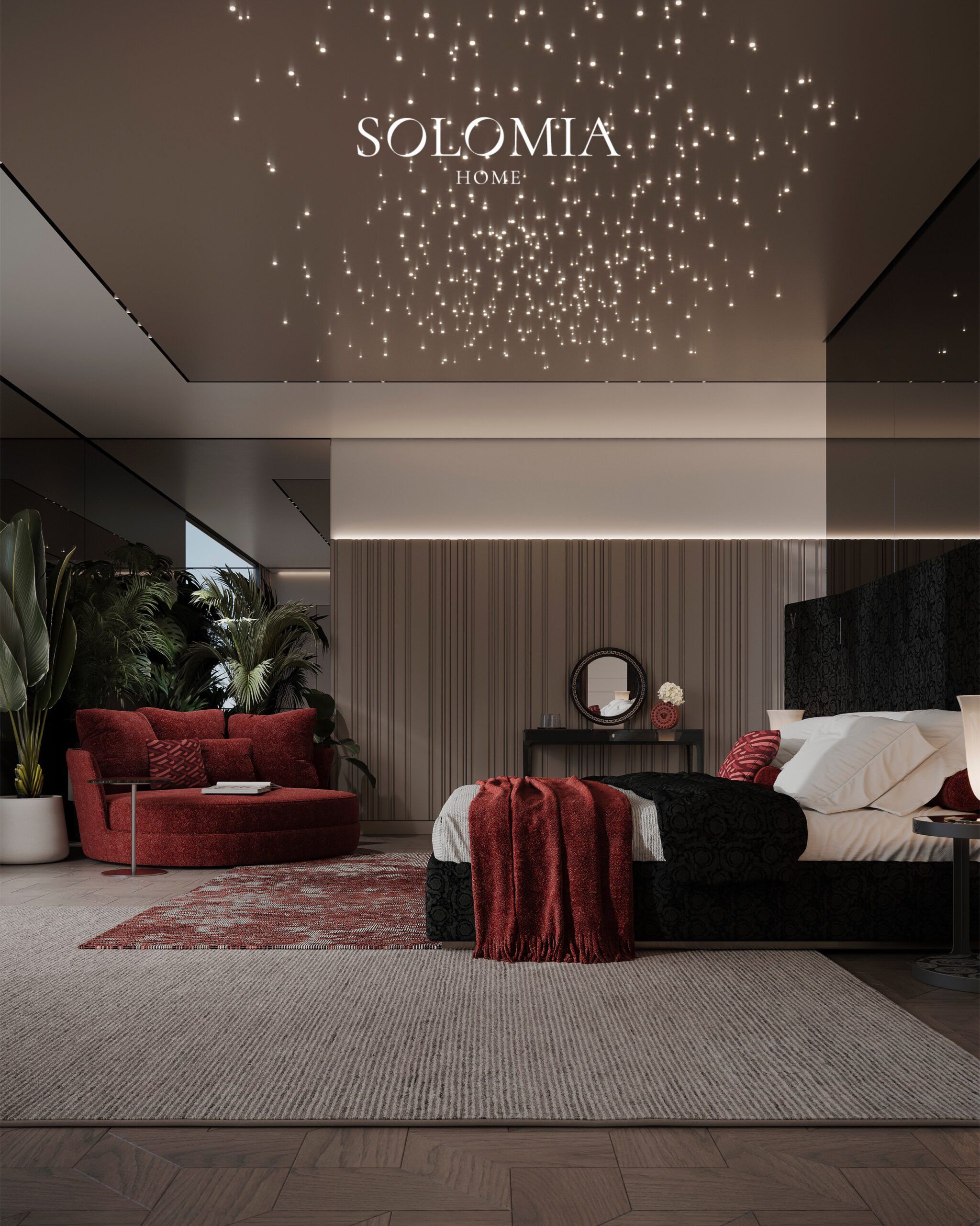Bedroom with red sofa and starry ceiling, Villa Dubai Hills — luxury interior design Dubai