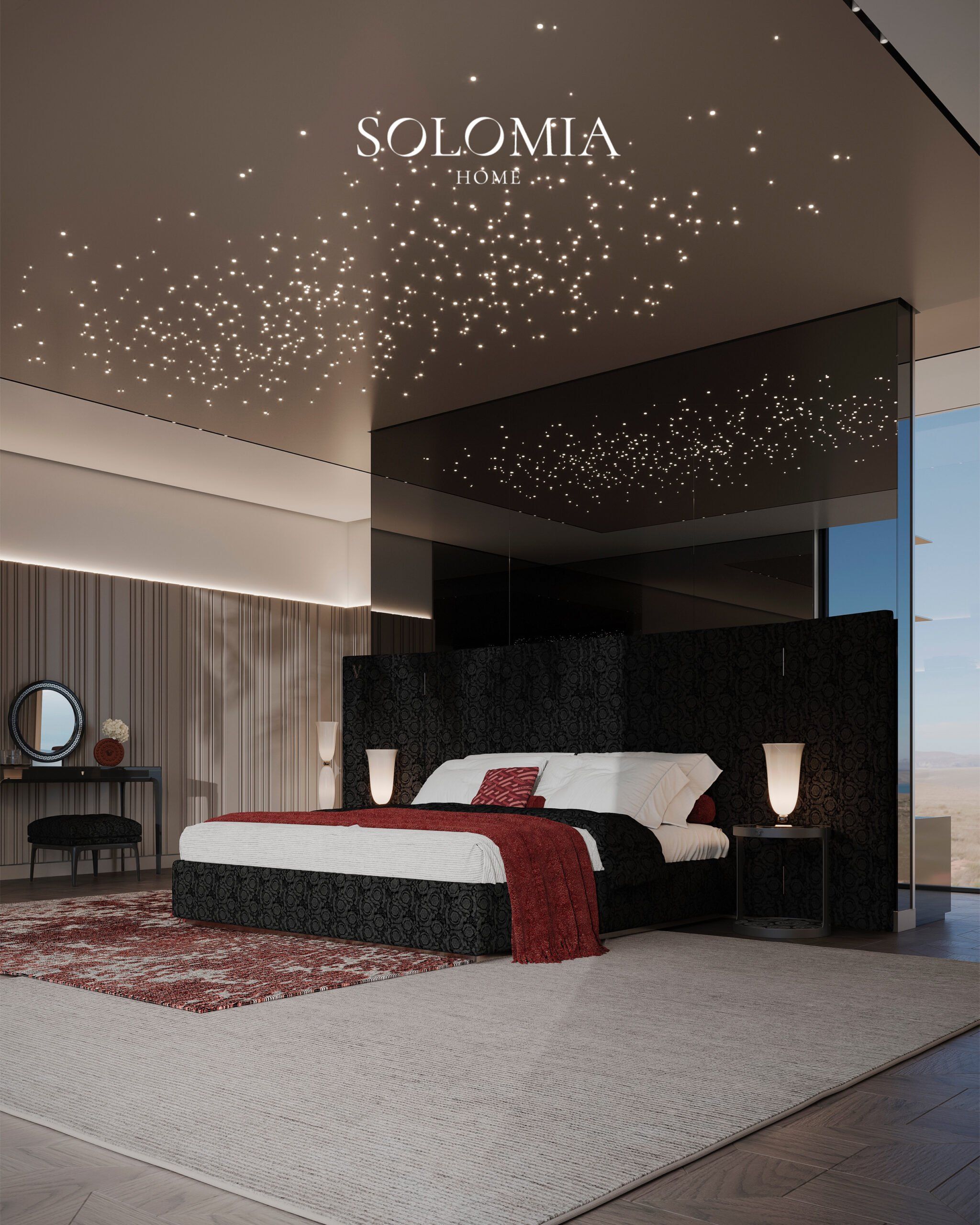 Bed with red bedspread and starry ceiling, Villa Dubai Hills — luxury interior design Dubai