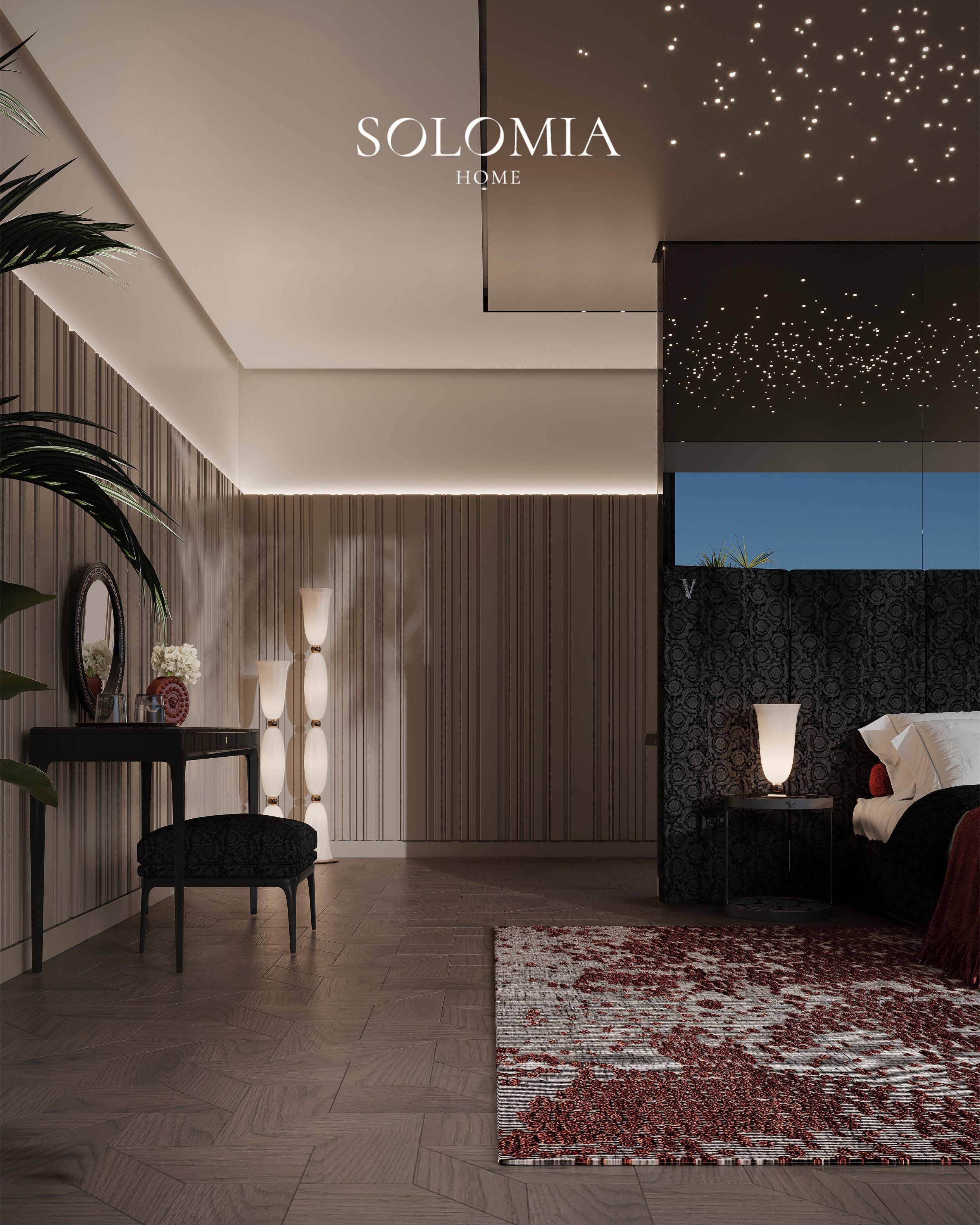Bedroom with dressing table and red rug, Villa Dubai Hills — luxury interior design Dubai
