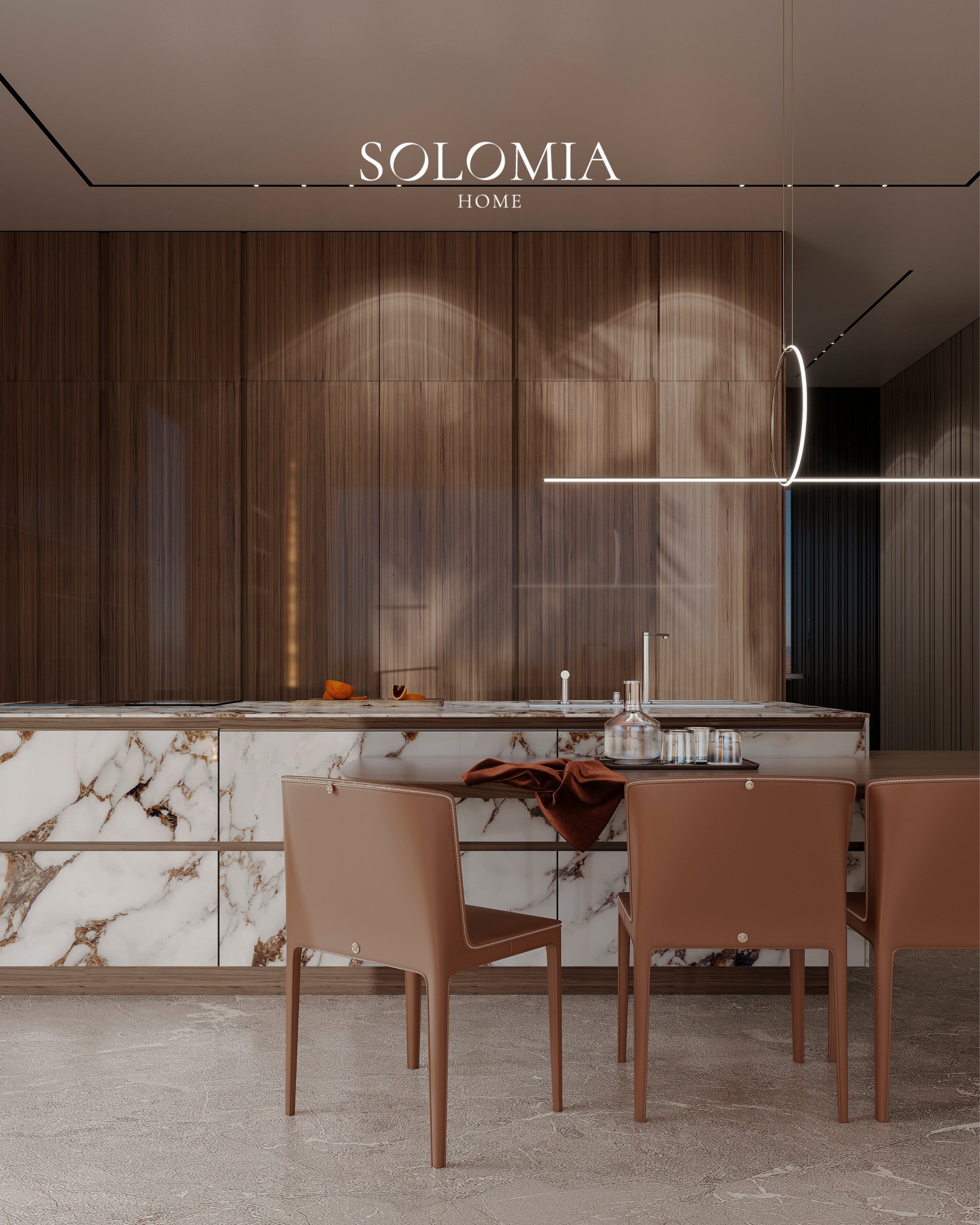 Kitchen with marble island and tan chairs, Villa Dubai Hills — luxury interior design Dubai