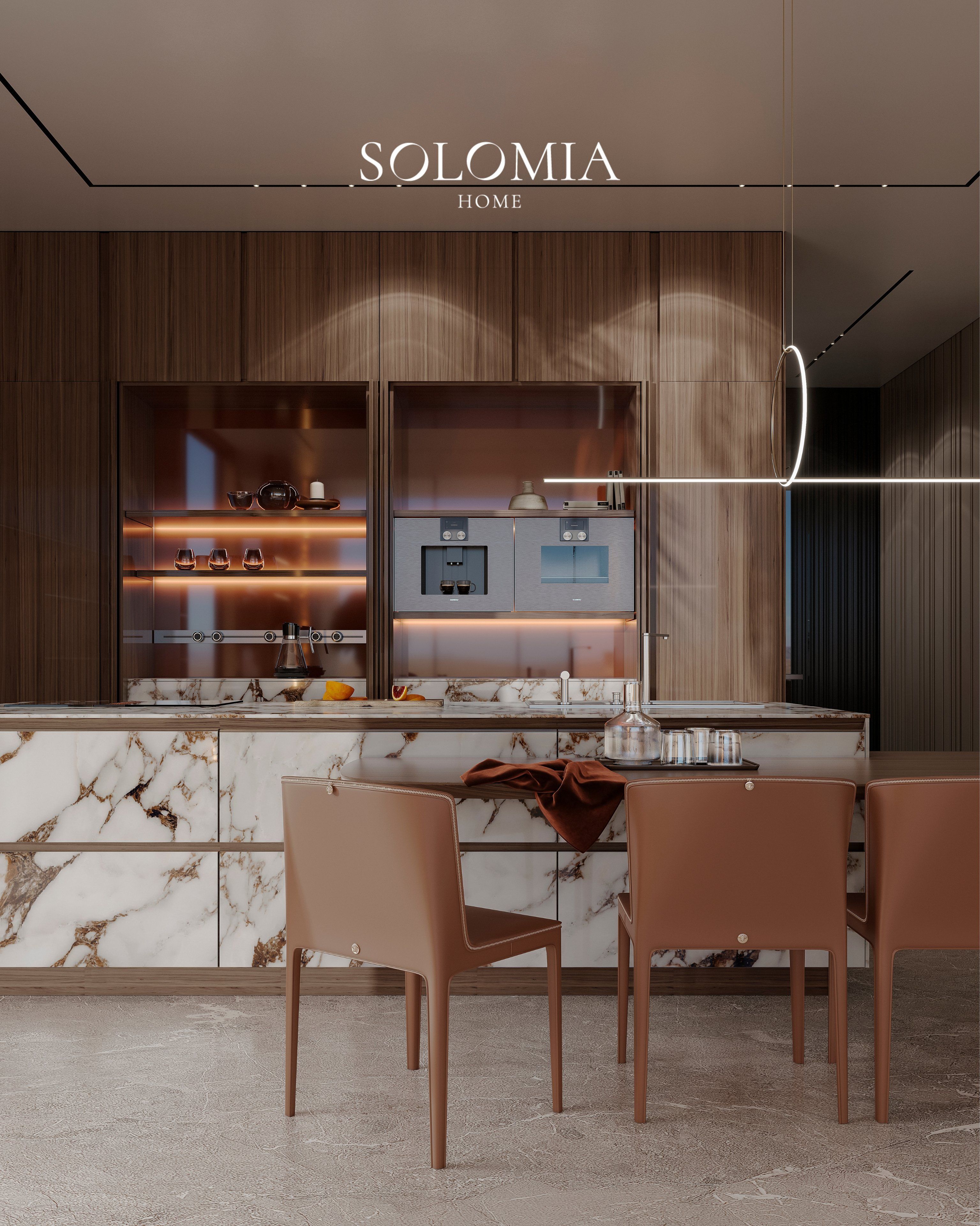 Kitchen with marble island and lit cabinets, Villa Dubai Hills — luxury interior design Dubai