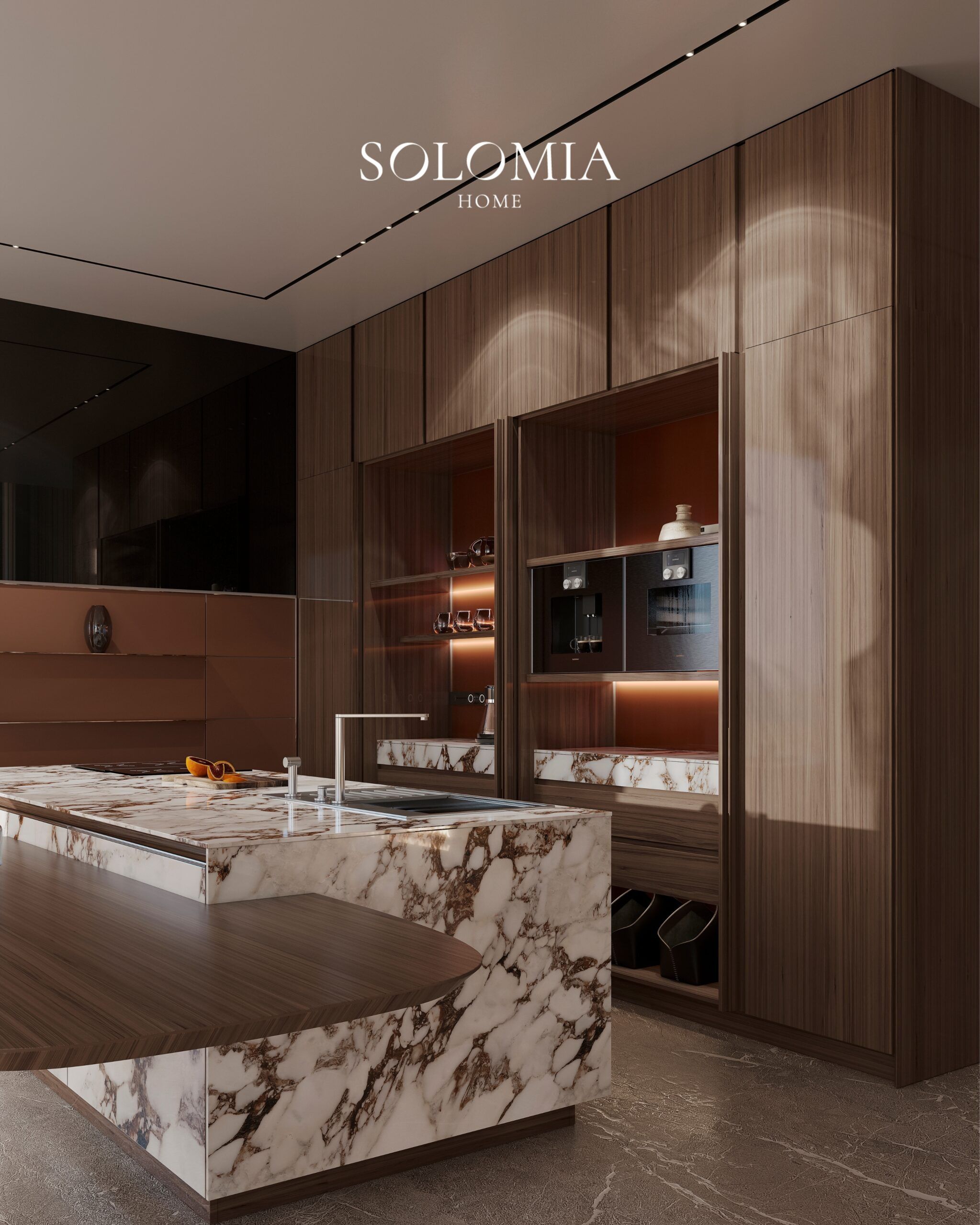 Marble kitchen island with wood cabinets, Villa Dubai Hills — luxury interior design Dubai