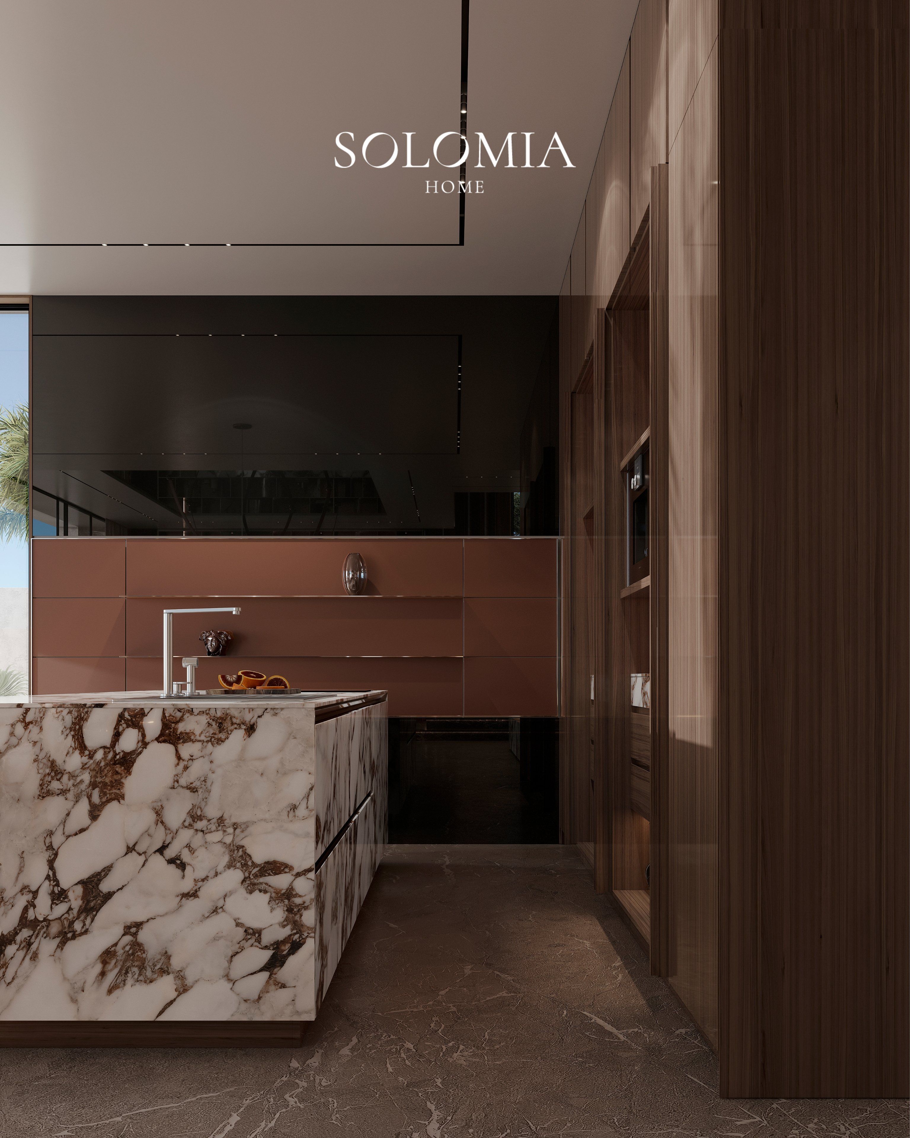 Marble kitchen island with copper cabinets, Villa Dubai Hills — luxury interior design Dubai