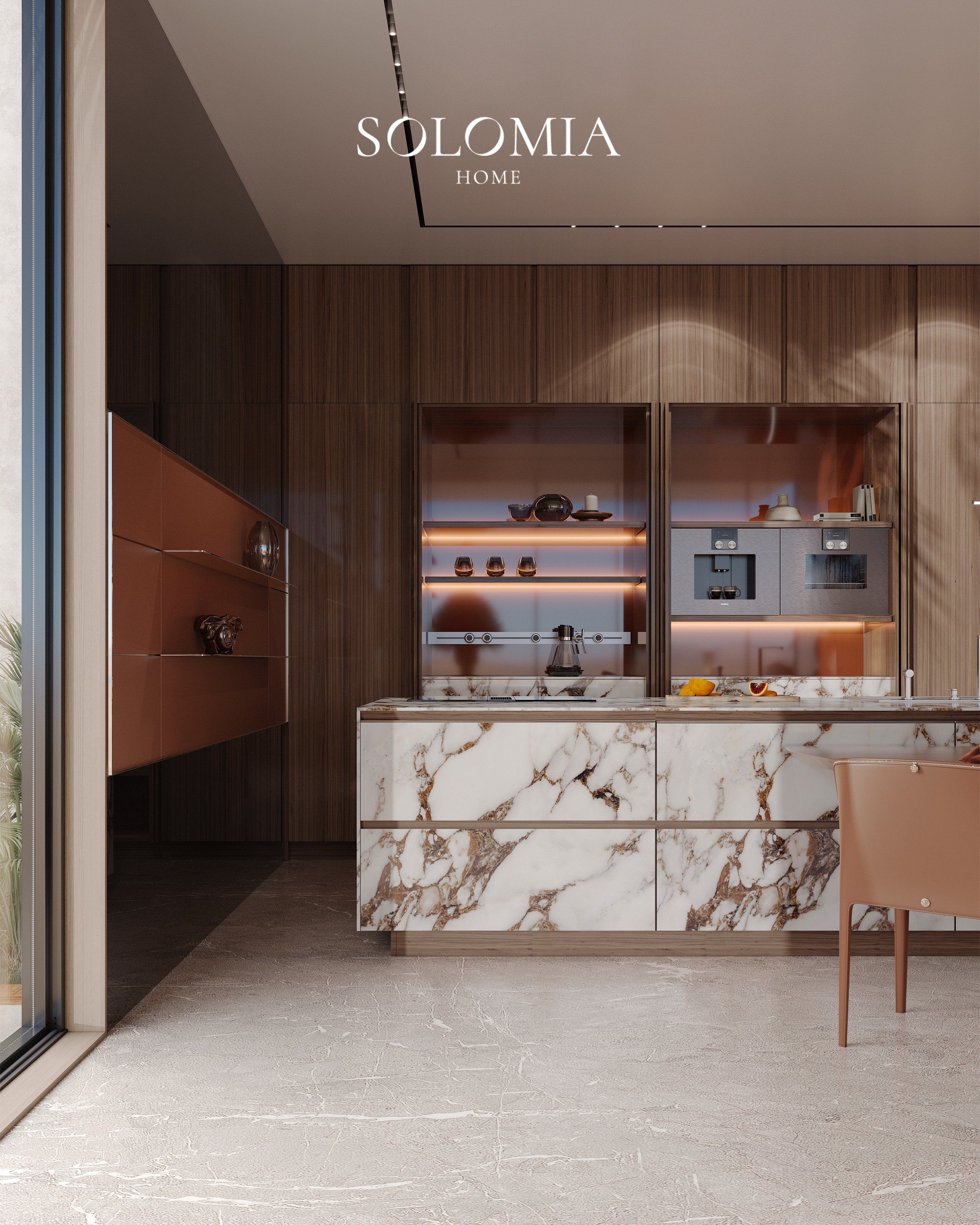 Kitchen with marble island and lit shelving, Villa Dubai Hills — luxury interior design Dubai