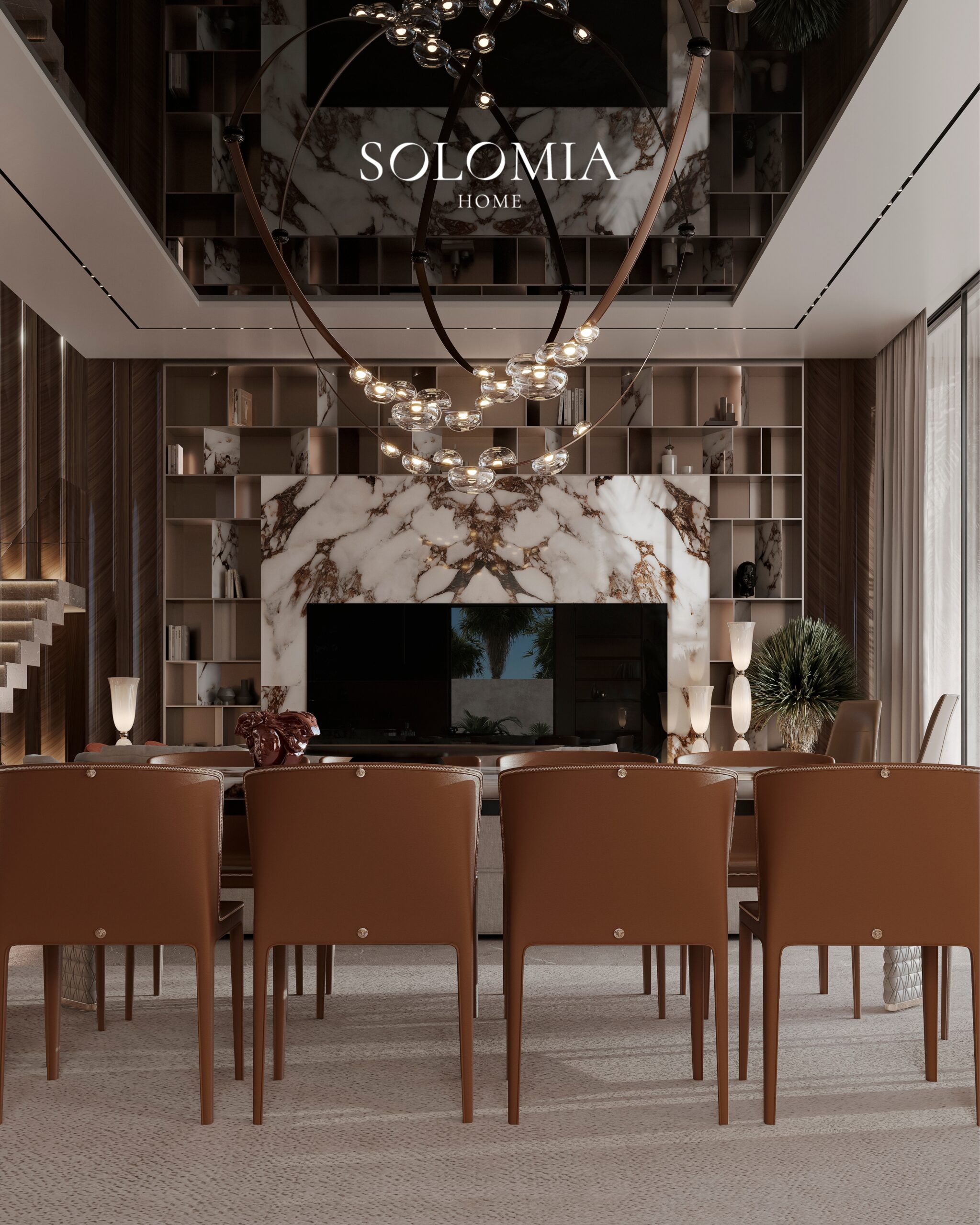 Dining table with tan chairs and marble wall, Villa Dubai Hills — luxury interior design Dubai