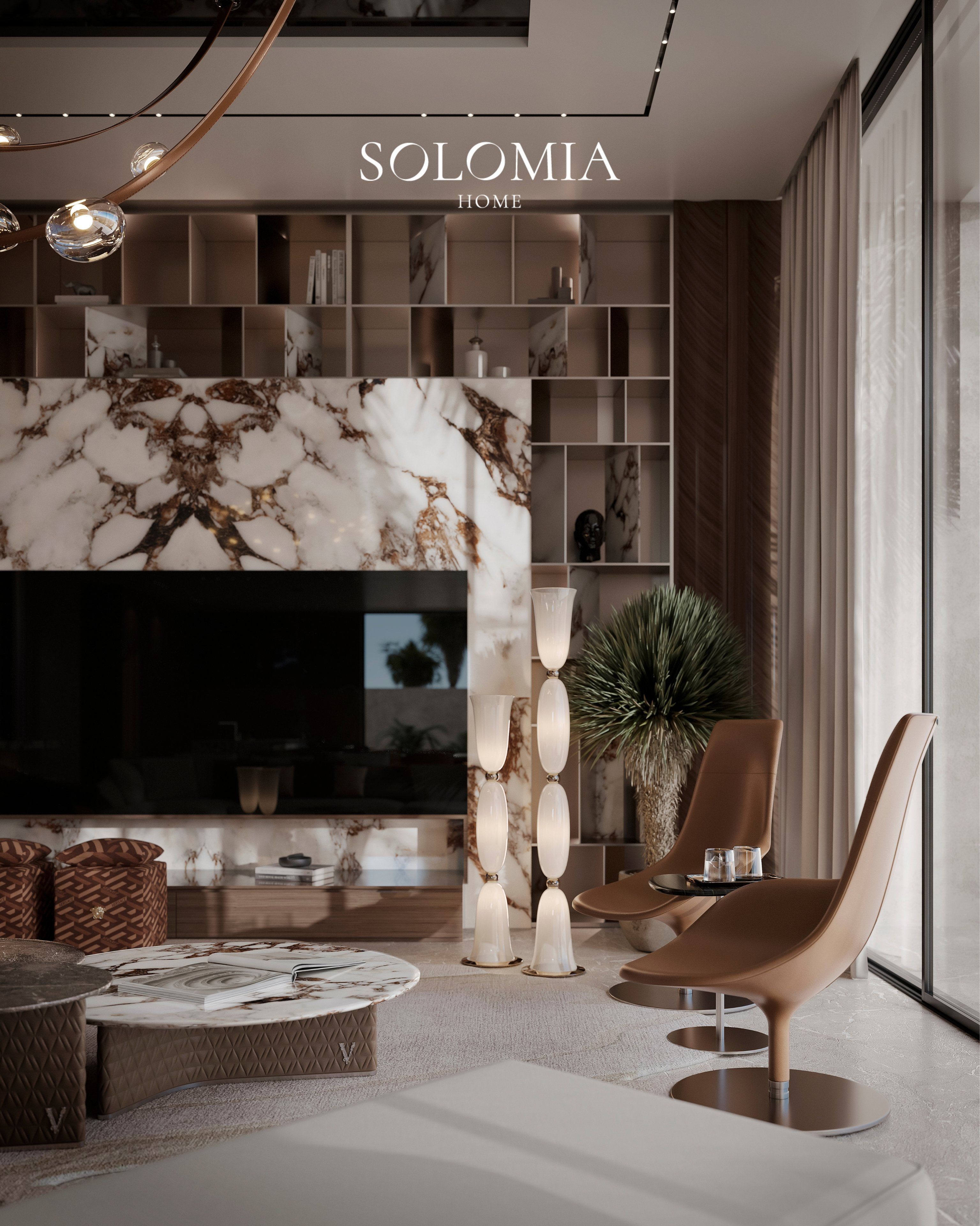 Living room with marble TV wall and tan chairs, Villa Dubai Hills — luxury interior design Dubai