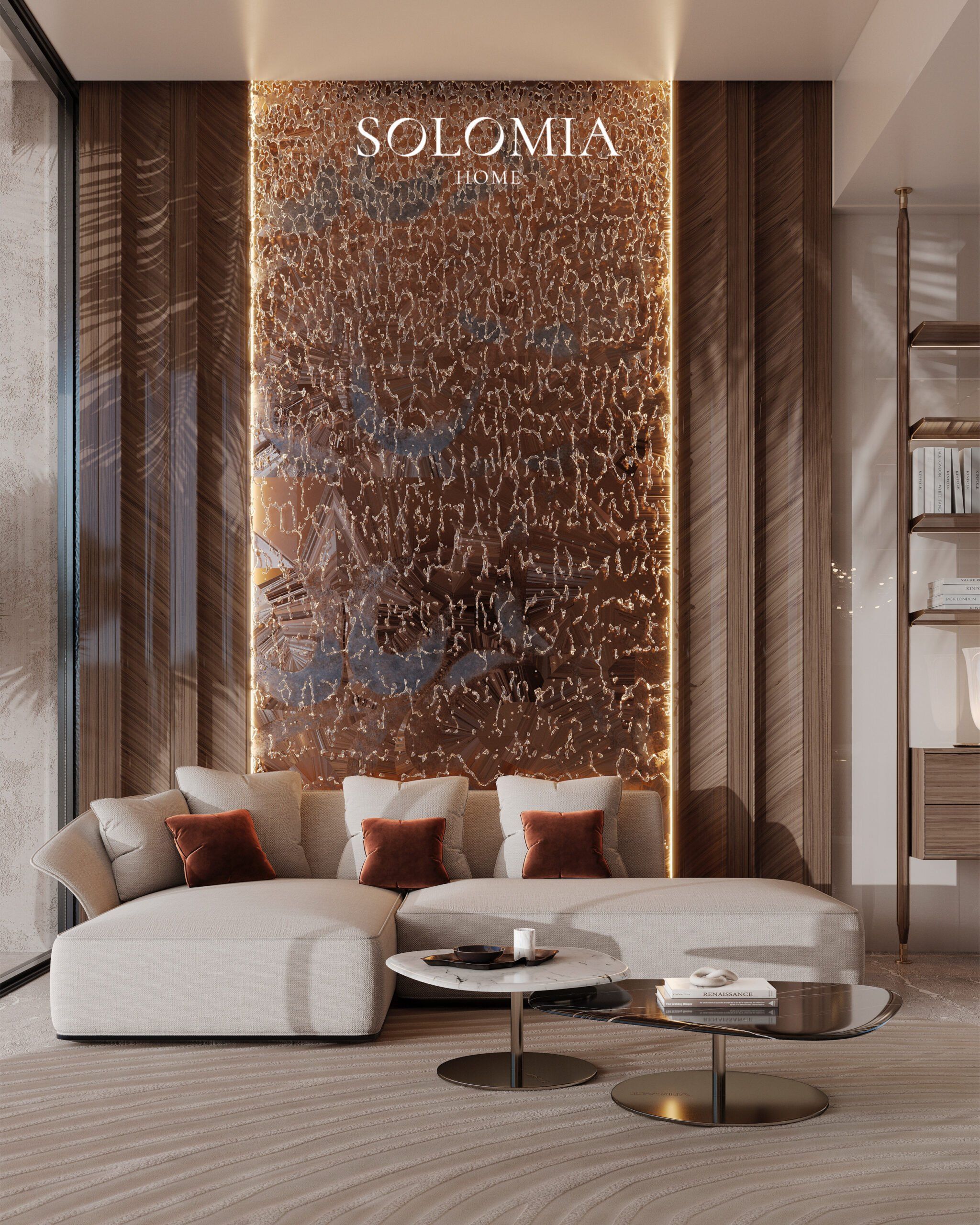 Living room with copper art panel, Villa Dubai Hills — luxury interior design Dubai