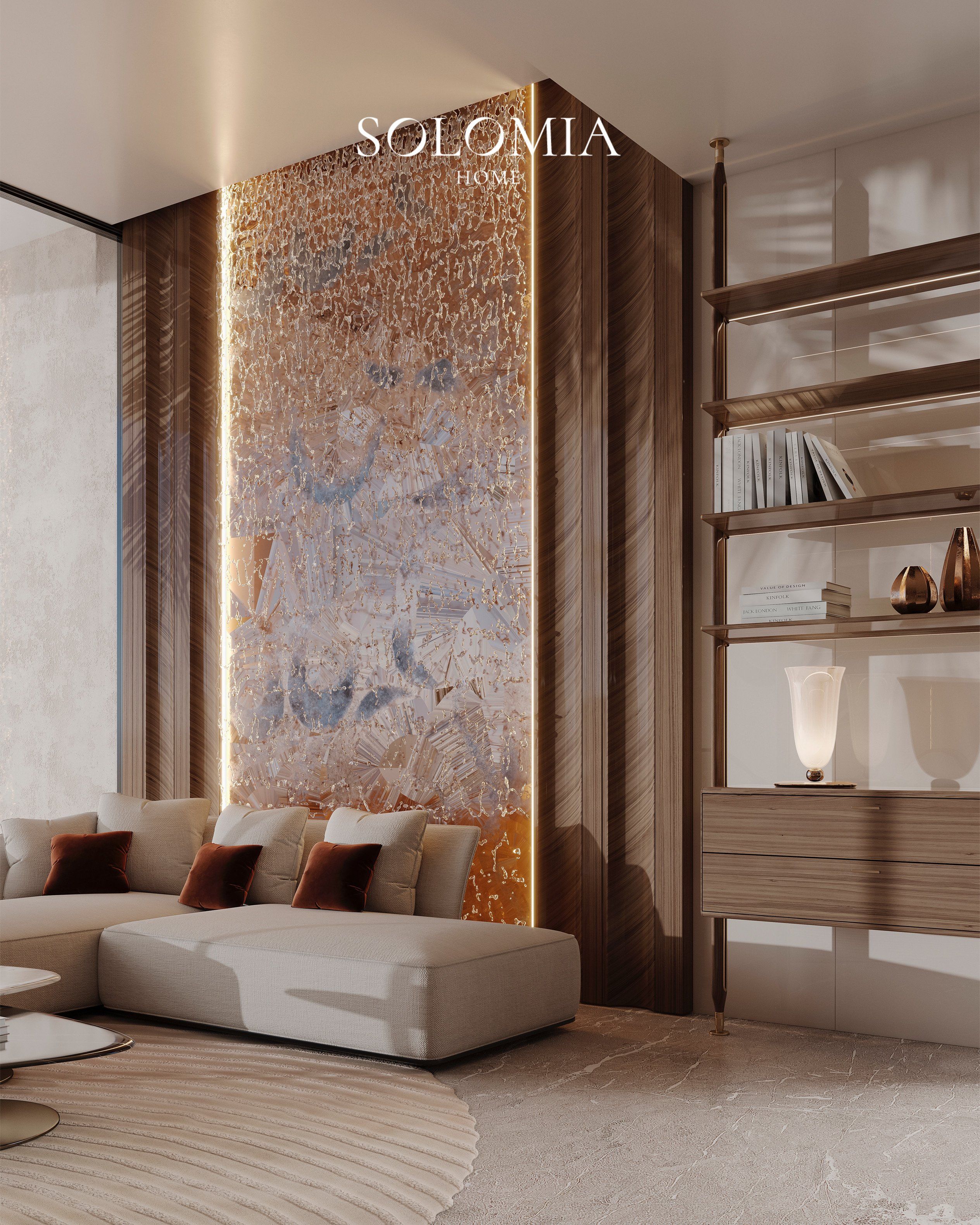 Living room with copper art panel and shelving, Villa Dubai Hills — luxury interior design Dubai