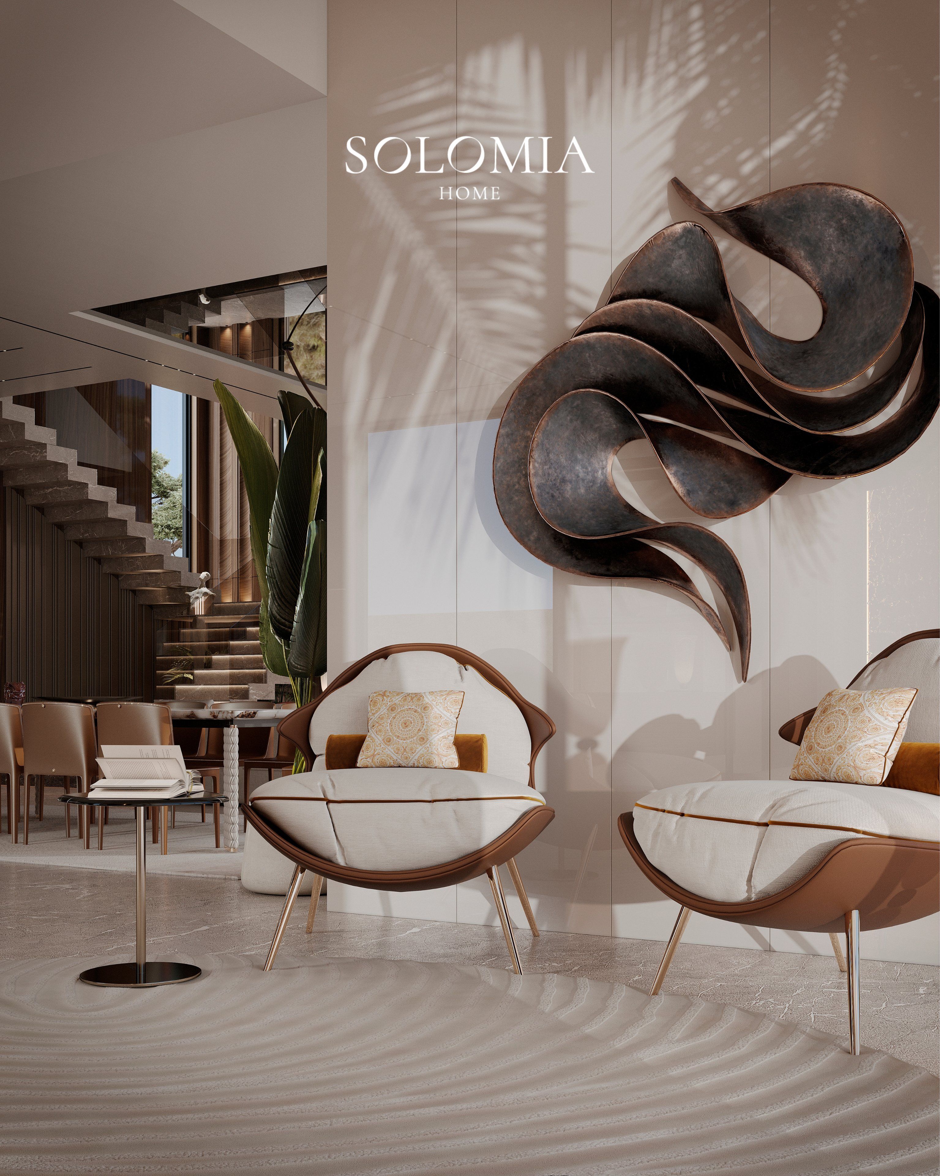 Lounge with bronze sculpture and cane armchairs, Villa Dubai Hills — luxury interior design Dubai