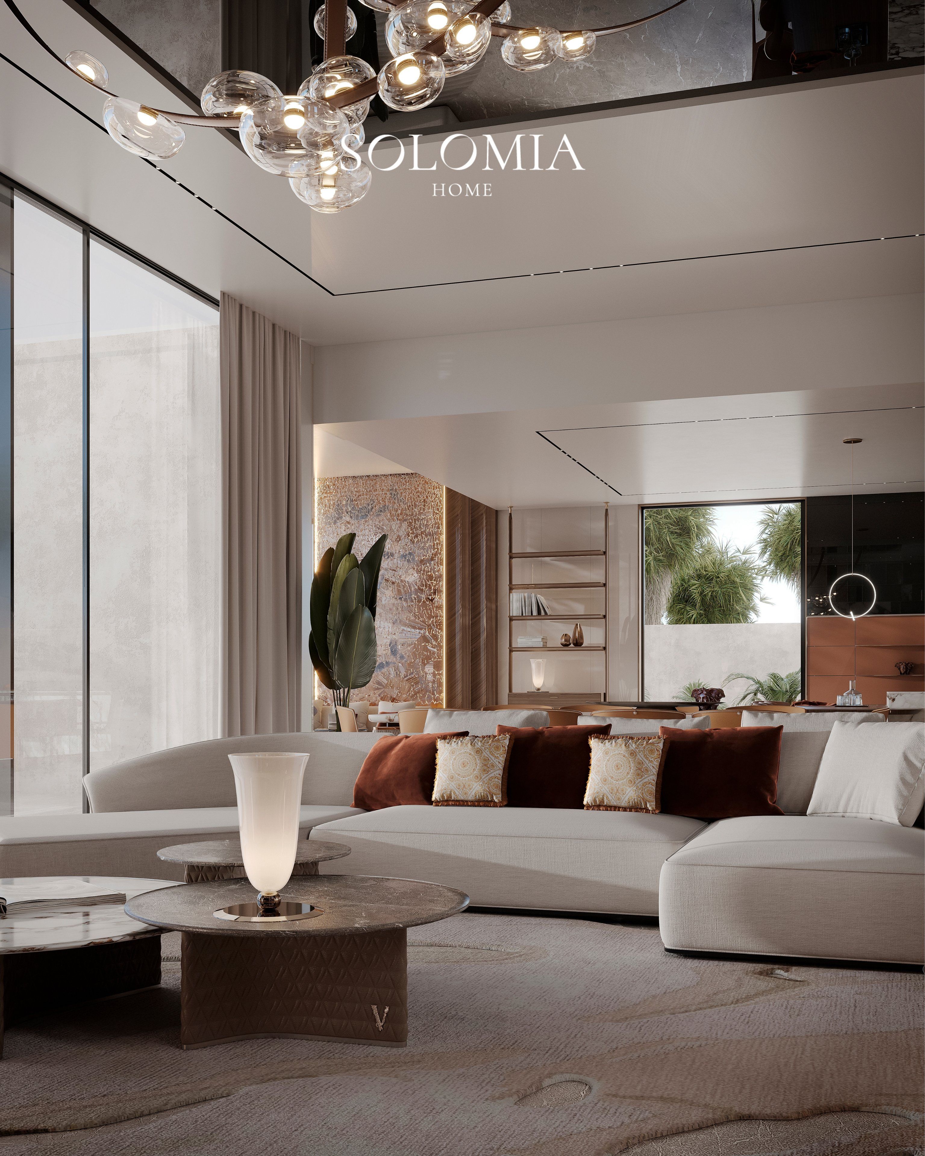 Living room with white sofa and garden view, Villa Dubai Hills — luxury interior design Dubai