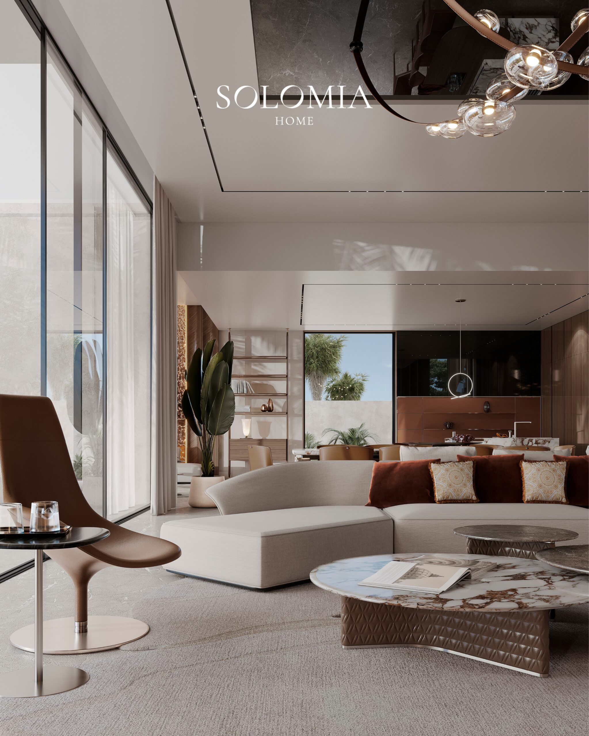 Lounge with tan swivel chair and marble tables, Villa Dubai Hills — luxury interior design Dubai