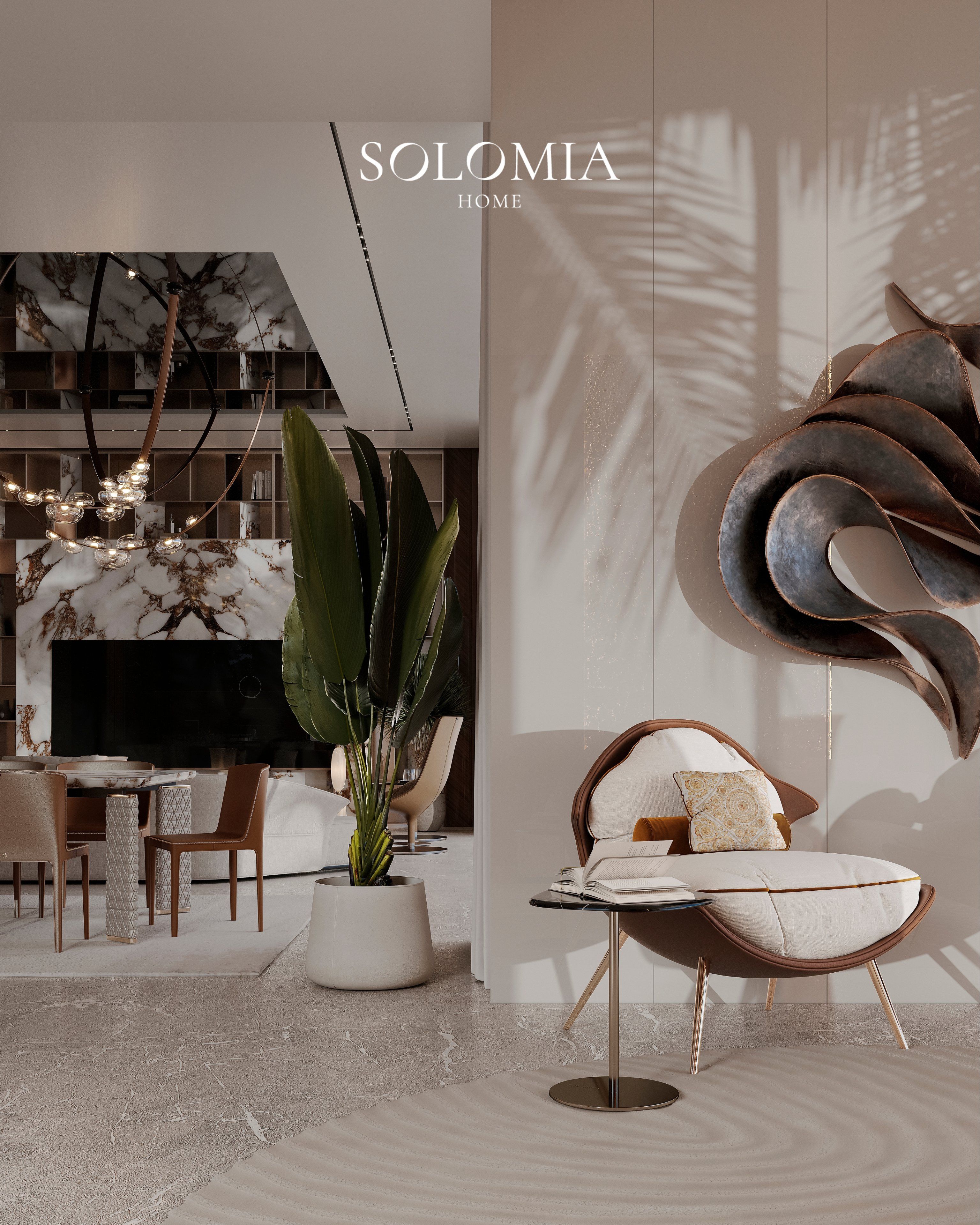 Lounge with bronze sculpture and cane armchair, Villa Dubai Hills — luxury interior design Dubai