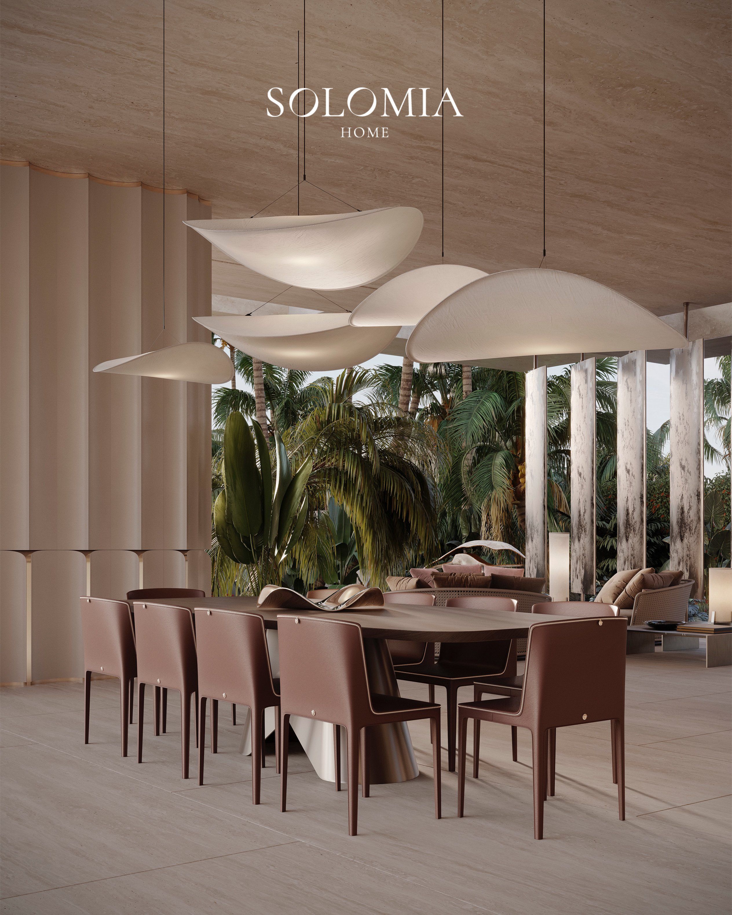 Dining table with tan chairs and sculptural lights, Villa Dubai Hills — luxury interior design Dubai