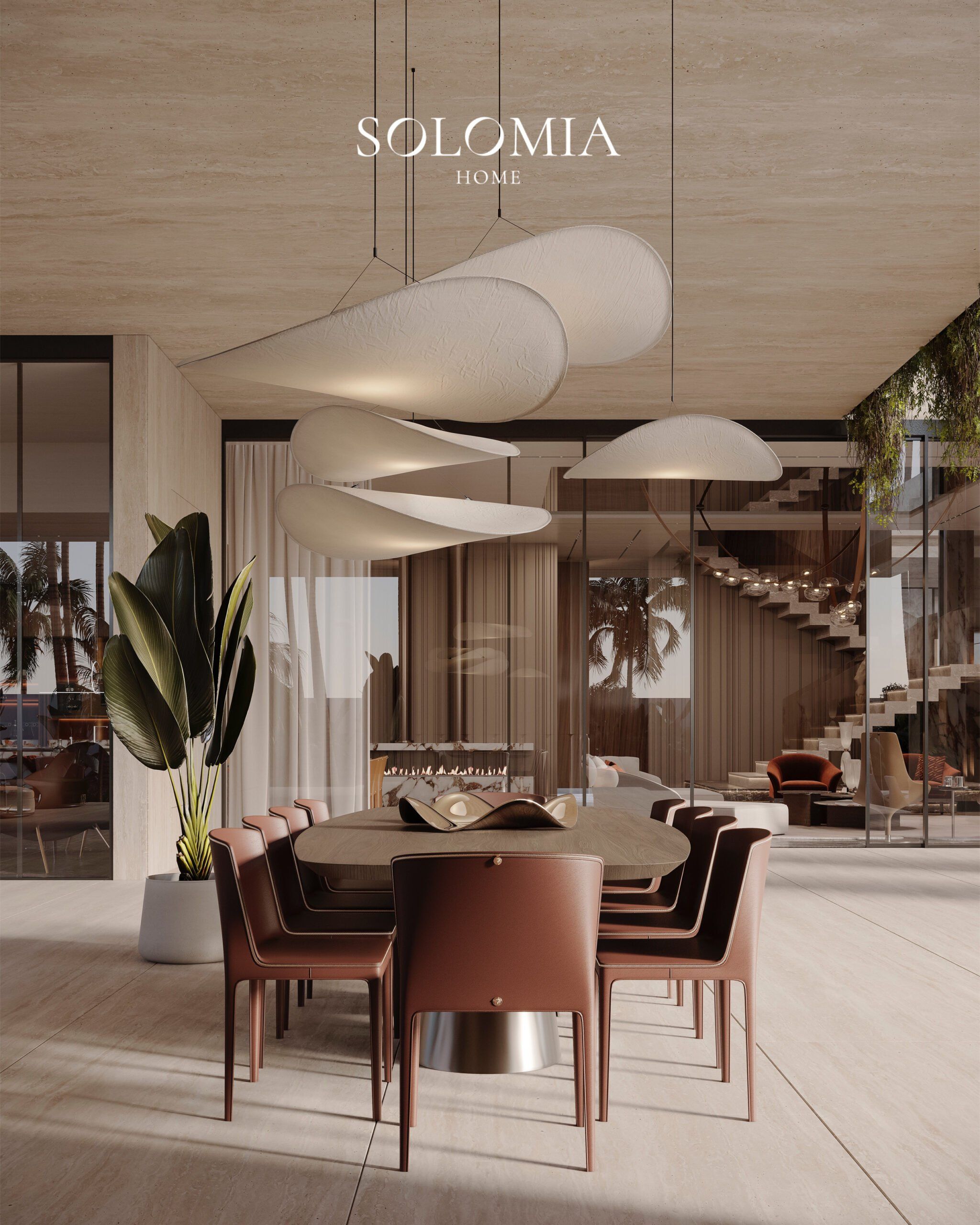 Dining area with staircase and cloud pendant lights, Villa Dubai Hills — luxury interior design Dubai
