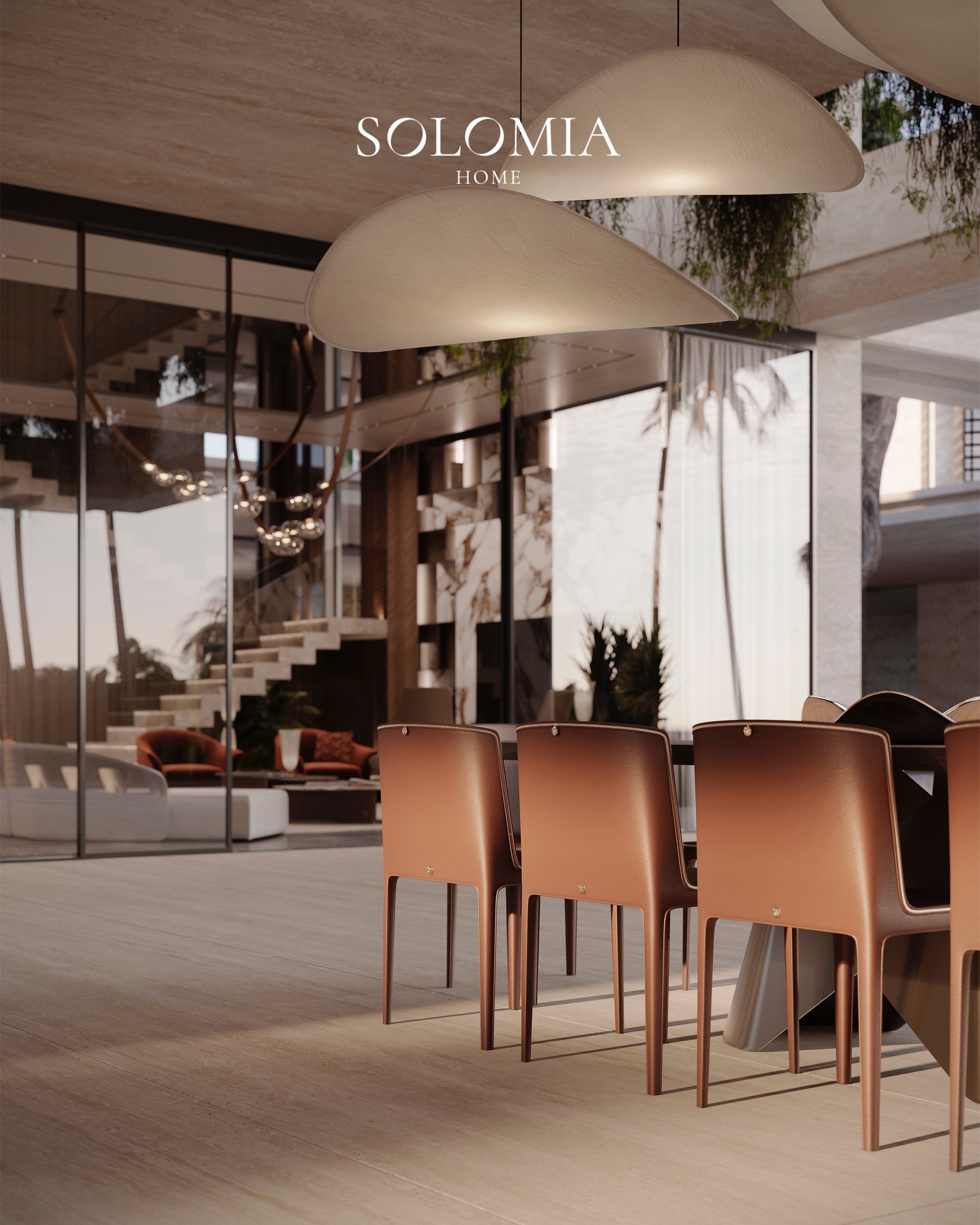 Dining table with tan leather chairs, Villa Dubai Hills — luxury interior design Dubai