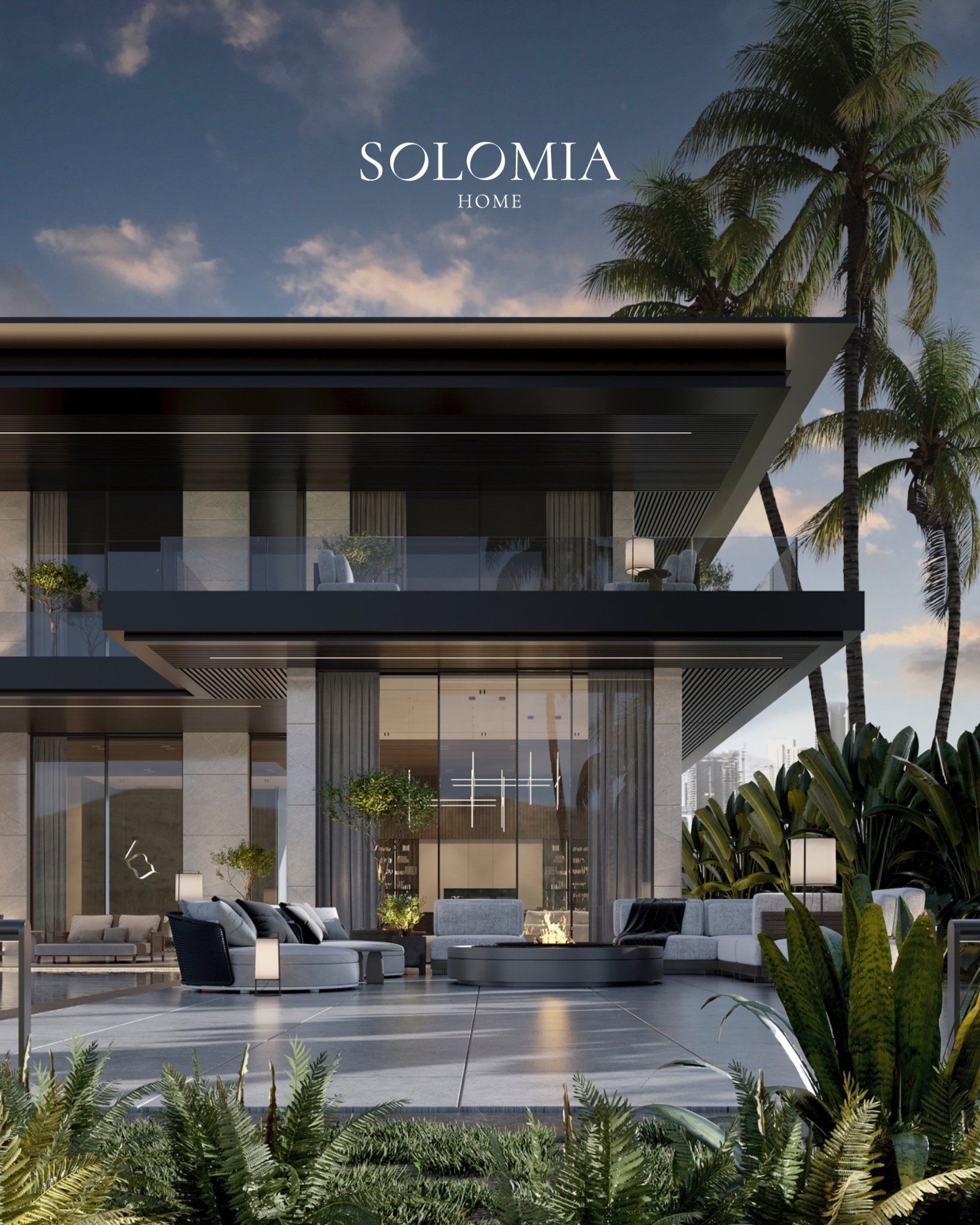 Beachfront villa with pool at dusk, Villa La Mer Dubai — villa exterior design Dubai