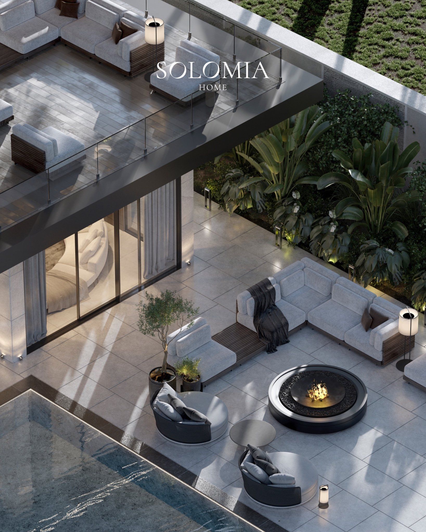 Terrace with fire pit and pool, aerial view, Villa La Mer Dubai — villa exterior design Dubai
