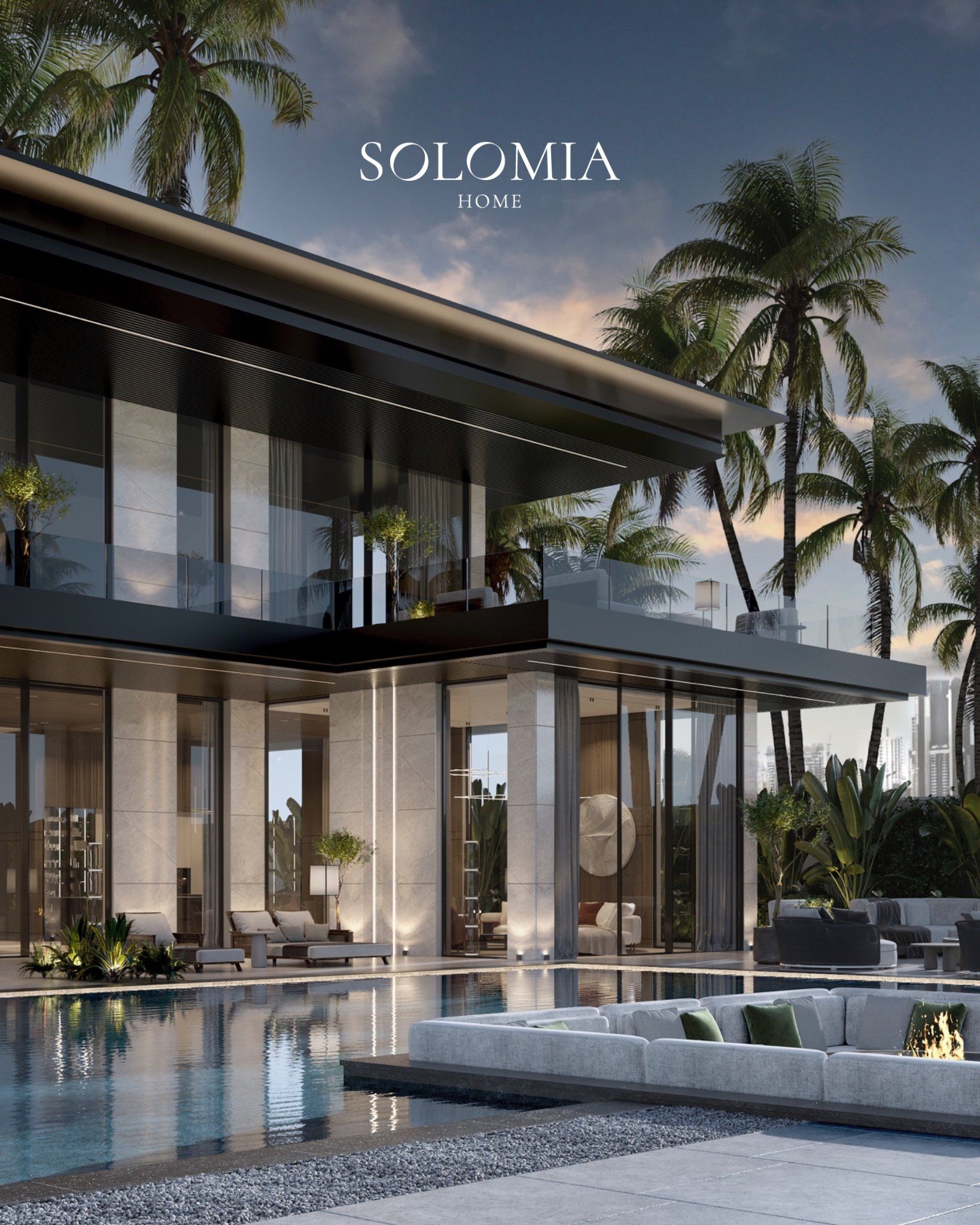 Villa with infinity pool at dusk, Villa La Mer Dubai — villa exterior design Dubai
