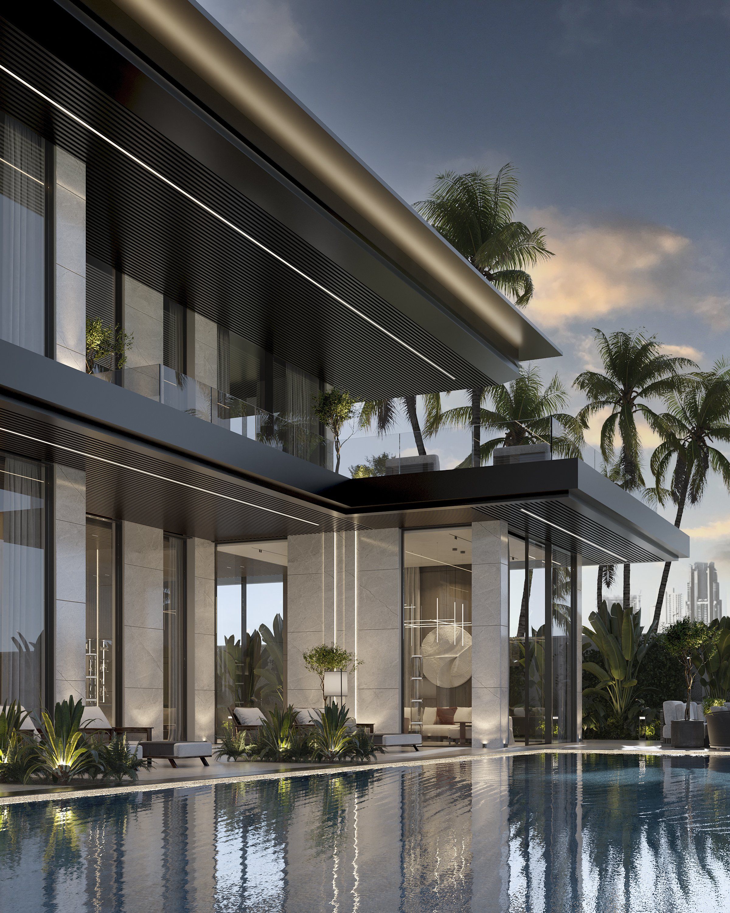 Villa facade with pool and palms, Villa La Mer Dubai — villa exterior design Dubai