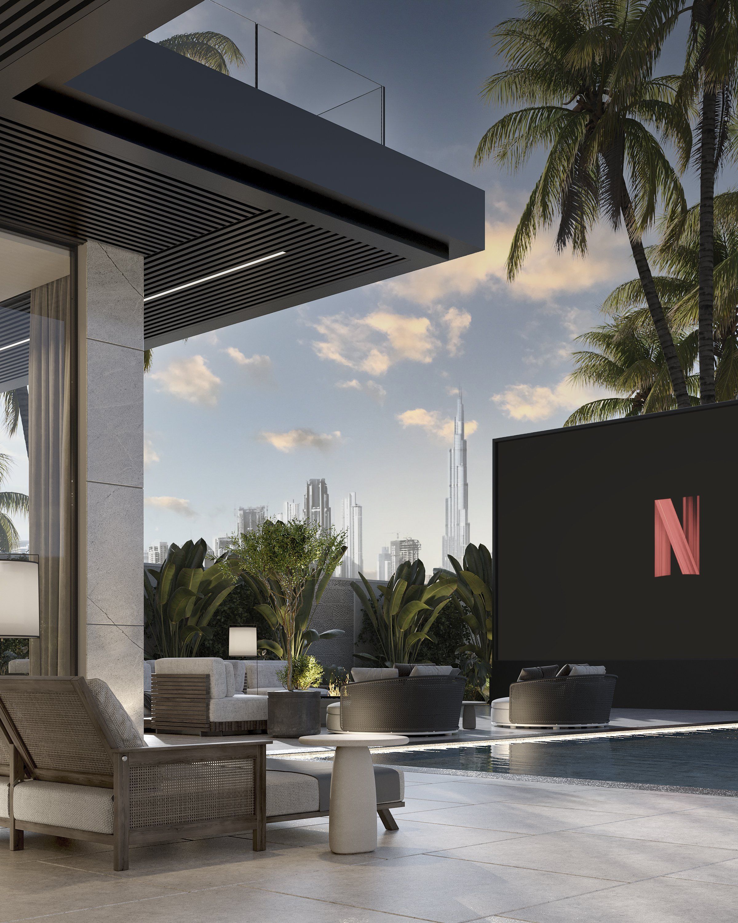 Covered terrace with outdoor cinema screen, Villa La Mer Dubai — villa exterior design Dubai