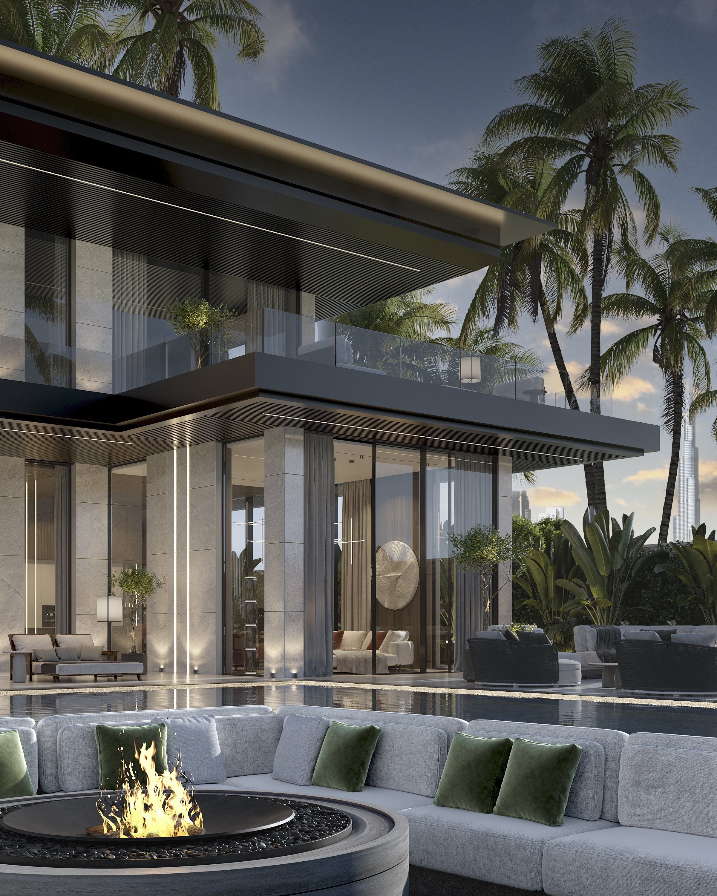 Outdoor lounge with fire pit and pool, Villa La Mer Dubai — villa exterior design Dubai