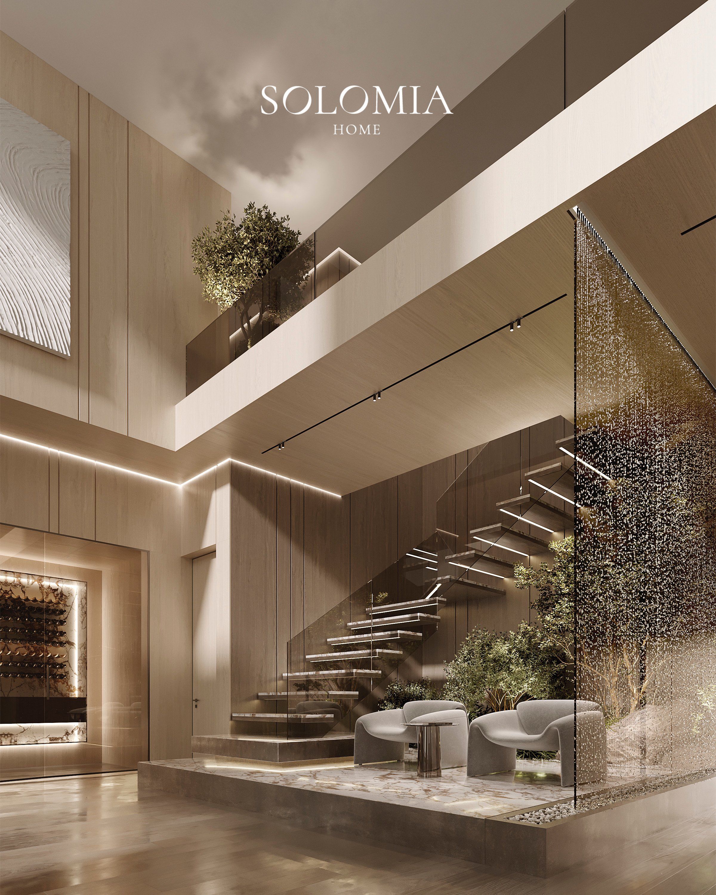 Double-height living room with staircase and wine wall, Villa de La Couronne Switzerland — luxury interior design Switzerland