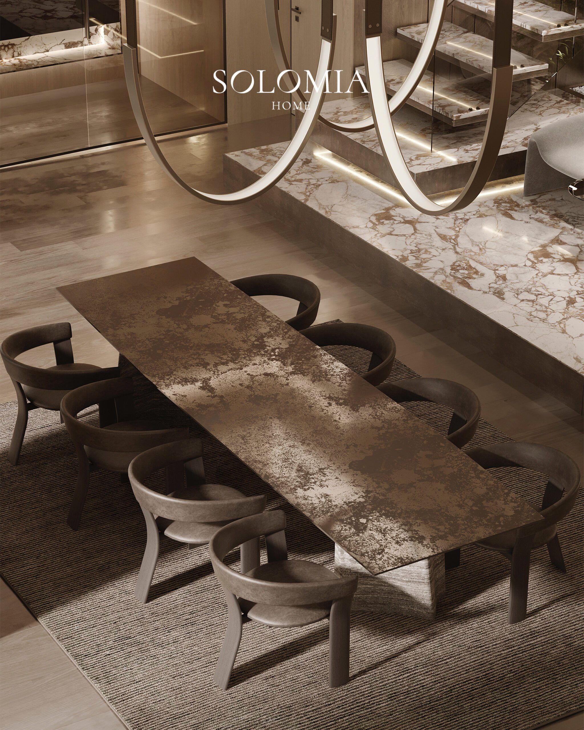 Dining table with ring lights, Villa de La Couronne Switzerland — luxury interior design Switzerland