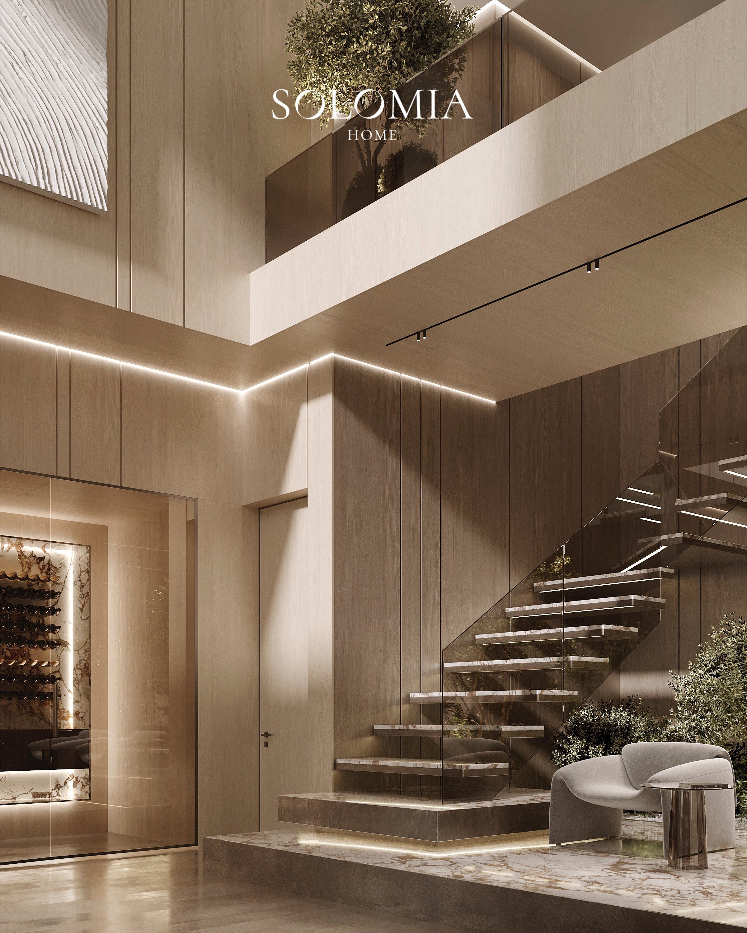 Hall with floating staircase and wood panelling, Villa de La Couronne Switzerland — luxury interior design Switzerland