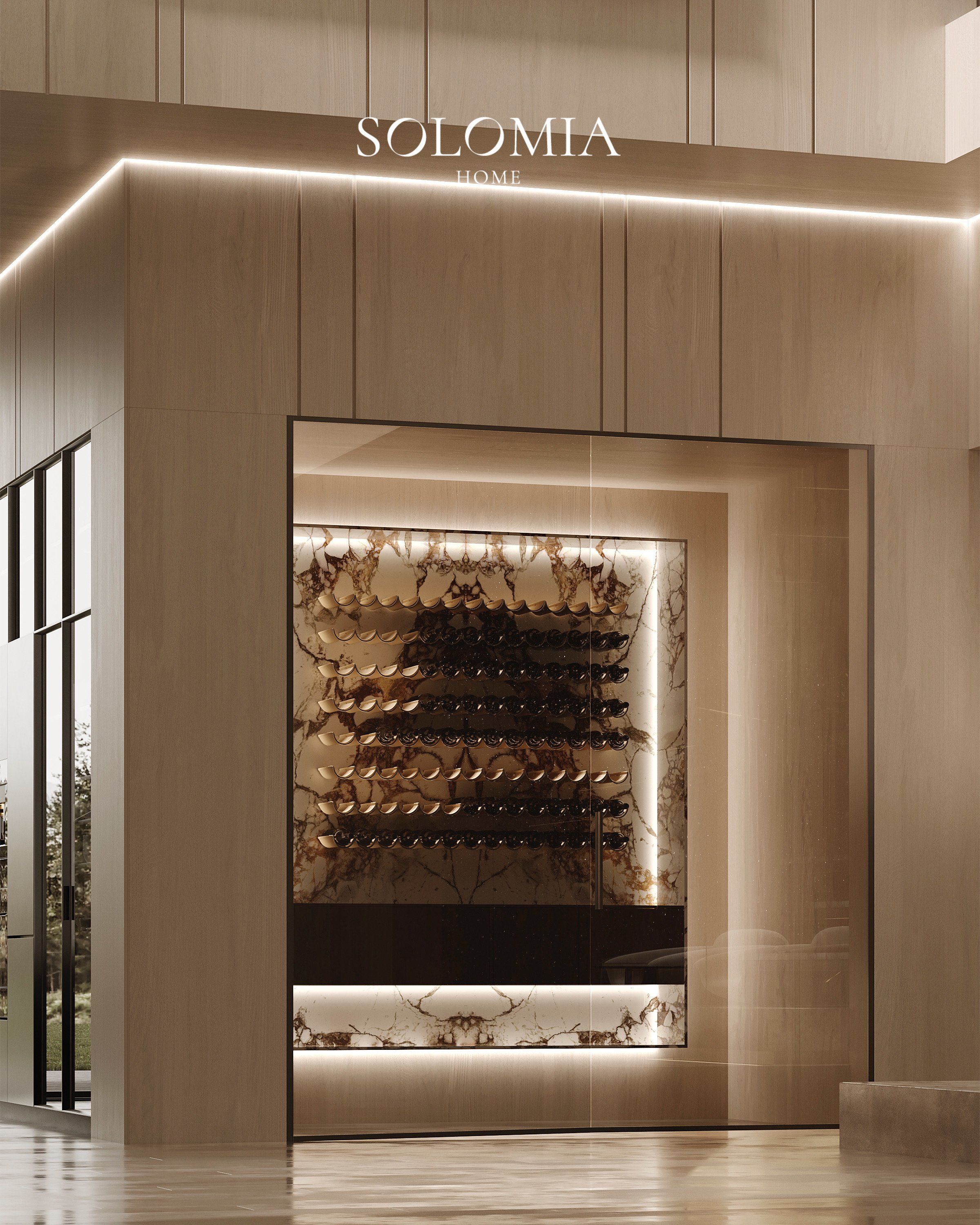 Wine cellar niche with onyx backlight, Villa de La Couronne Switzerland — luxury interior design Switzerland