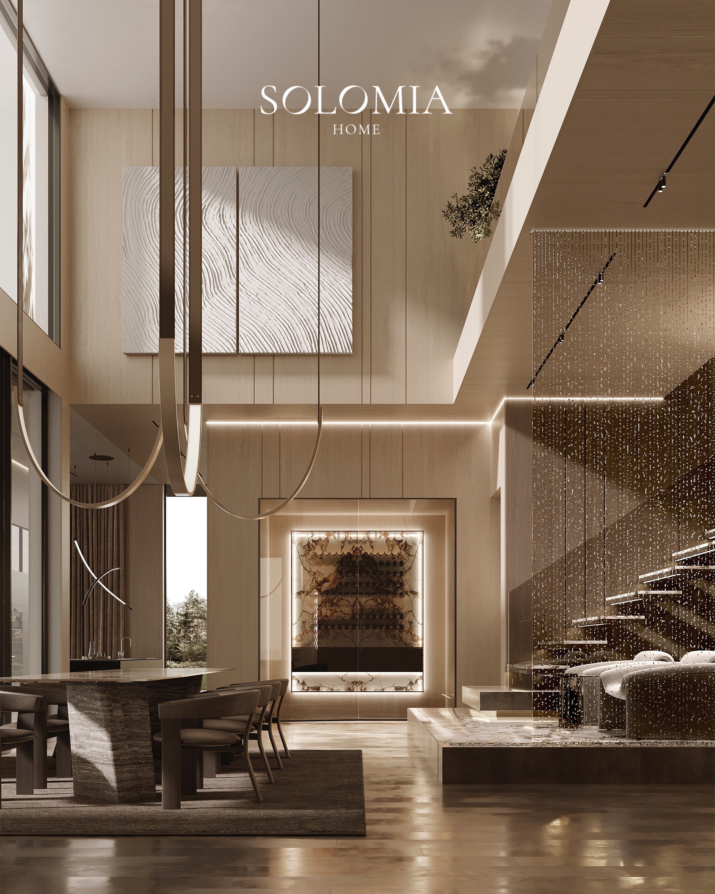 Double-height living room with wine display, Villa de La Couronne Switzerland — luxury interior design Switzerland