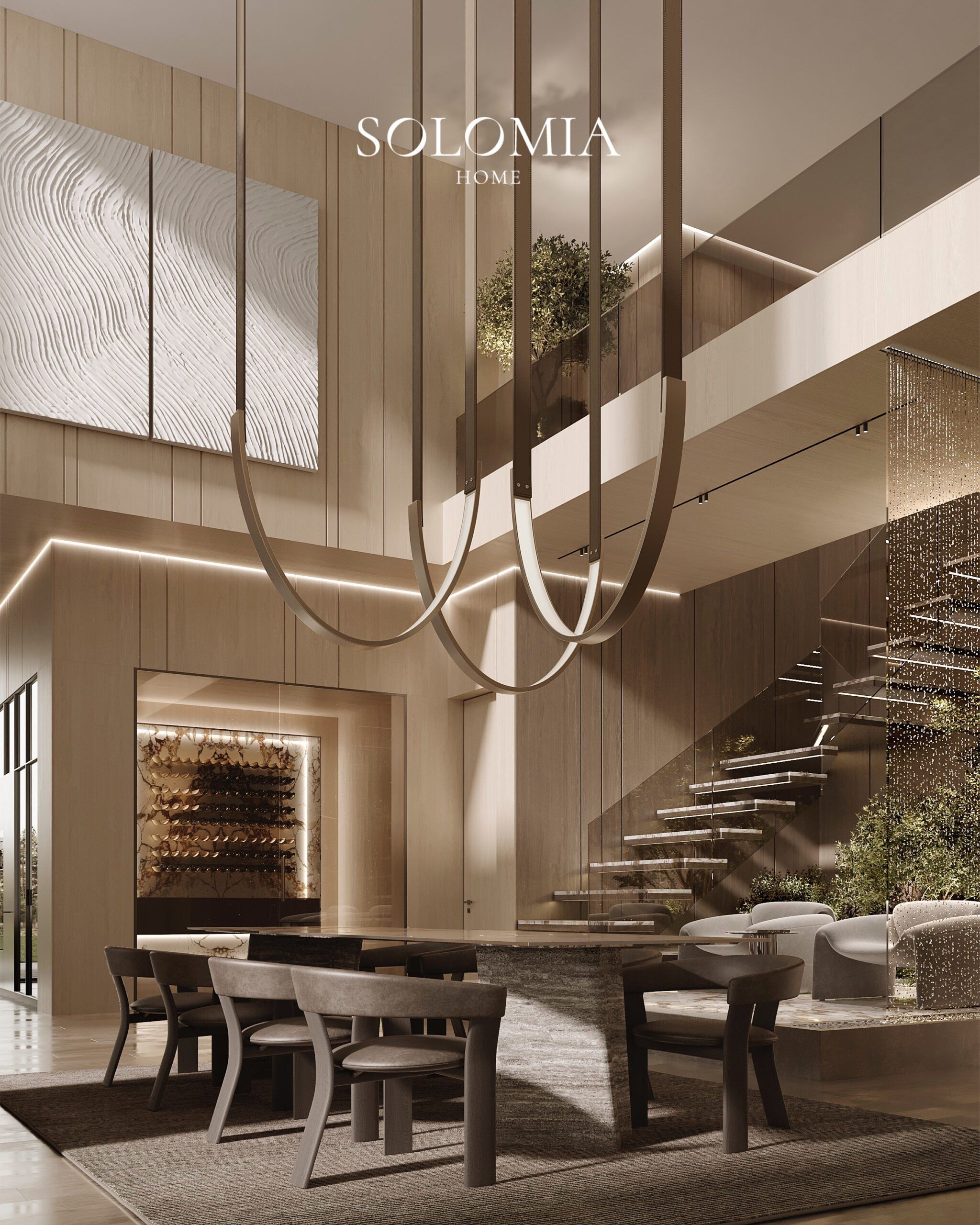 Dining area with floating staircase, Villa de La Couronne Switzerland — luxury interior design Switzerland