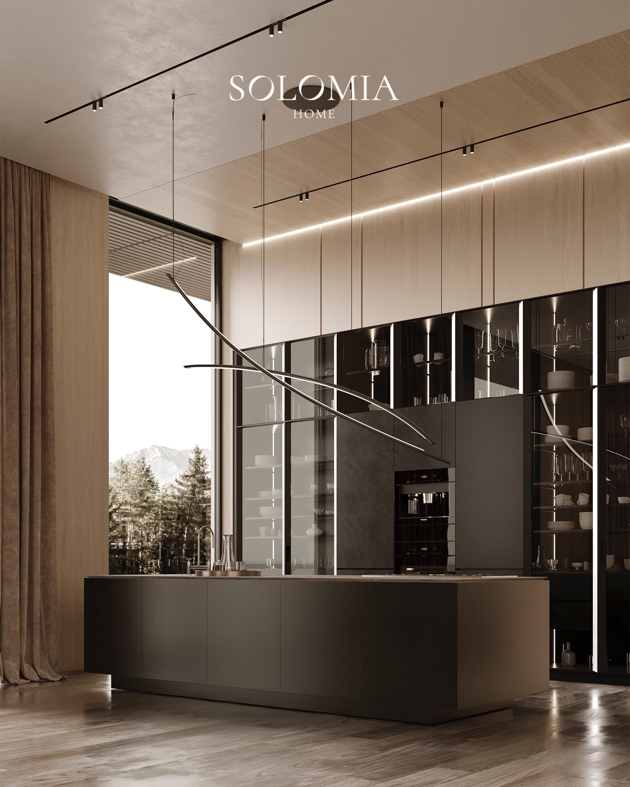 Dark kitchen island with mountain view, Villa de La Couronne Switzerland — luxury interior design Switzerland