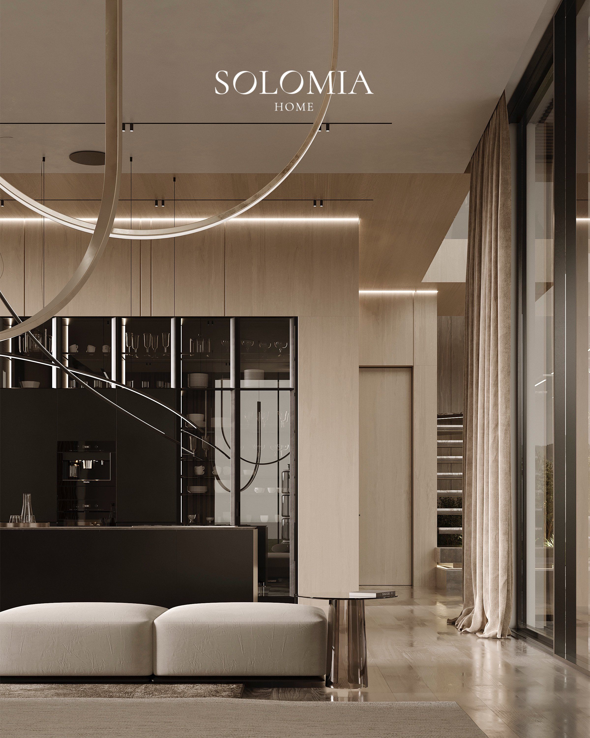 Lounge with dark kitchen and sculptural light, Villa de La Couronne Switzerland — luxury interior design Switzerland