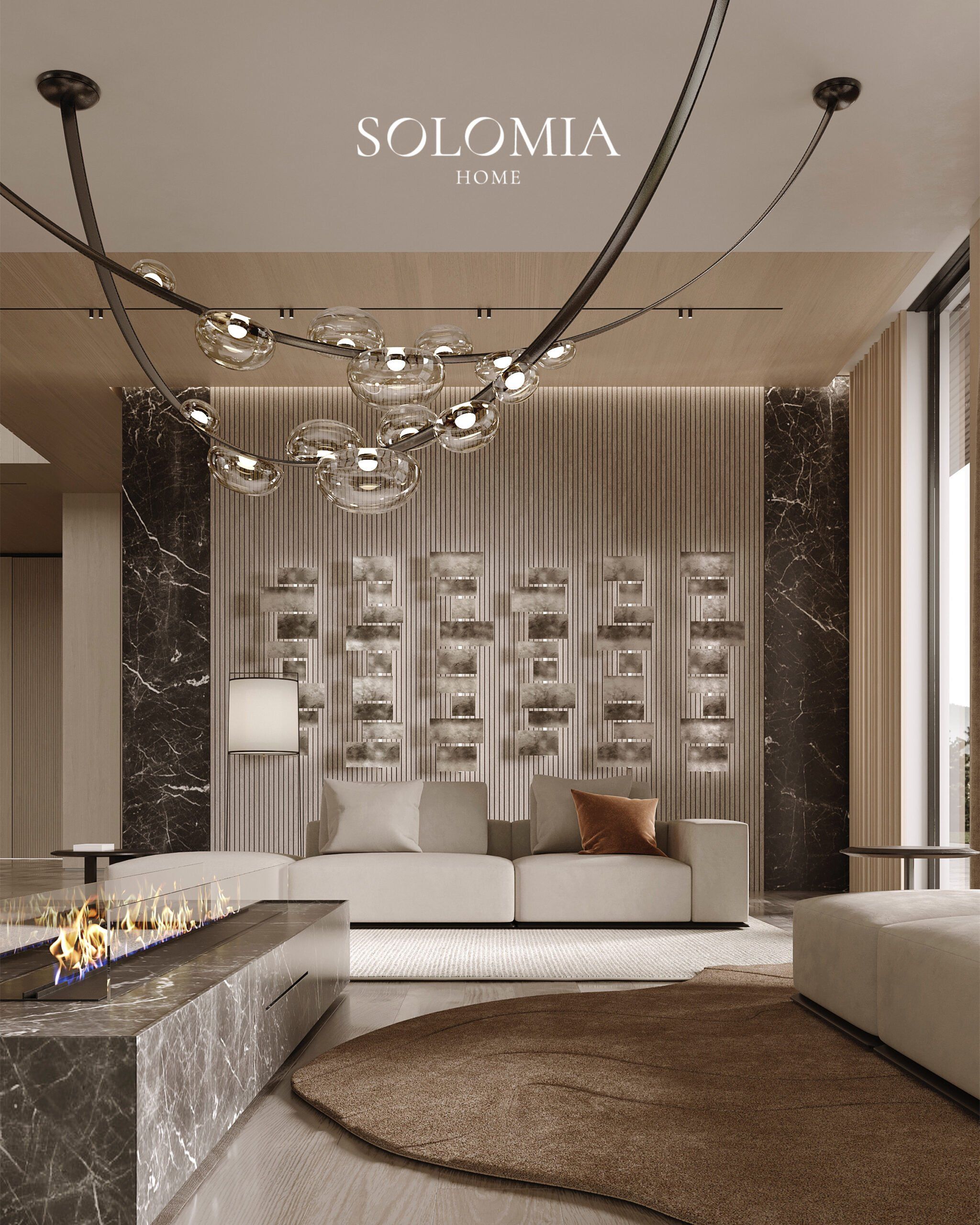Living room with marble fireplace and photo wall, Villa de La Couronne Switzerland — luxury interior design Switzerland